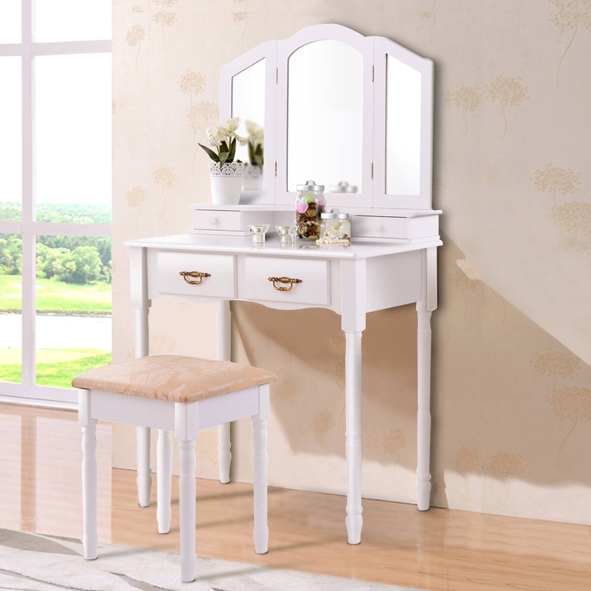 Alt View 1. Gymax - Gymax Vanity Makeup Dressing Table Stool Set w/ Folding Mirror 4 Drawers White - White.