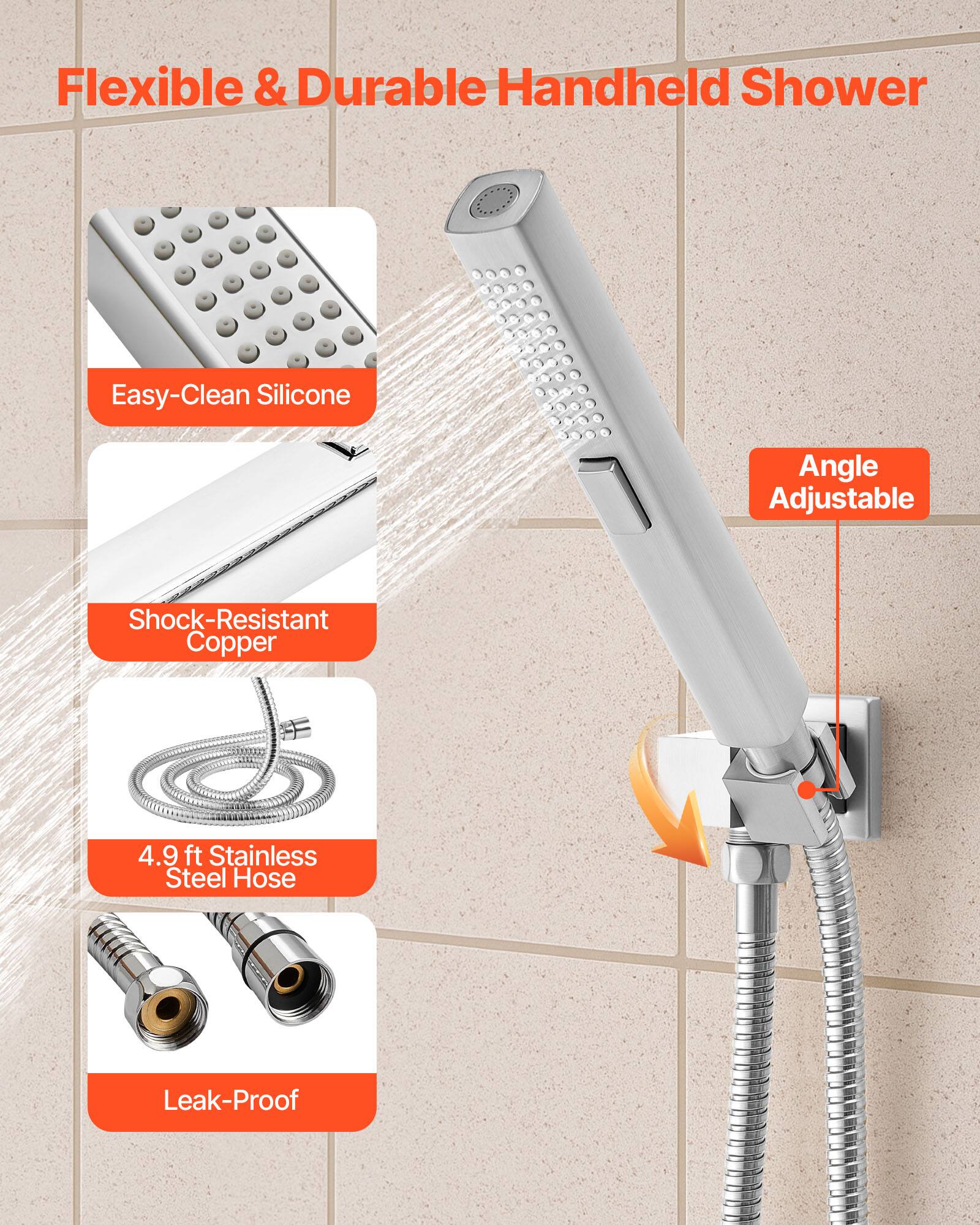 Flexible & Durable Handheld Shower

- Easy-Clean Silicone
- Shock-Resistant Copper
- 4.9 ft Stainless Steel Hose
- Angle Adjustable
- Leak-Proof
