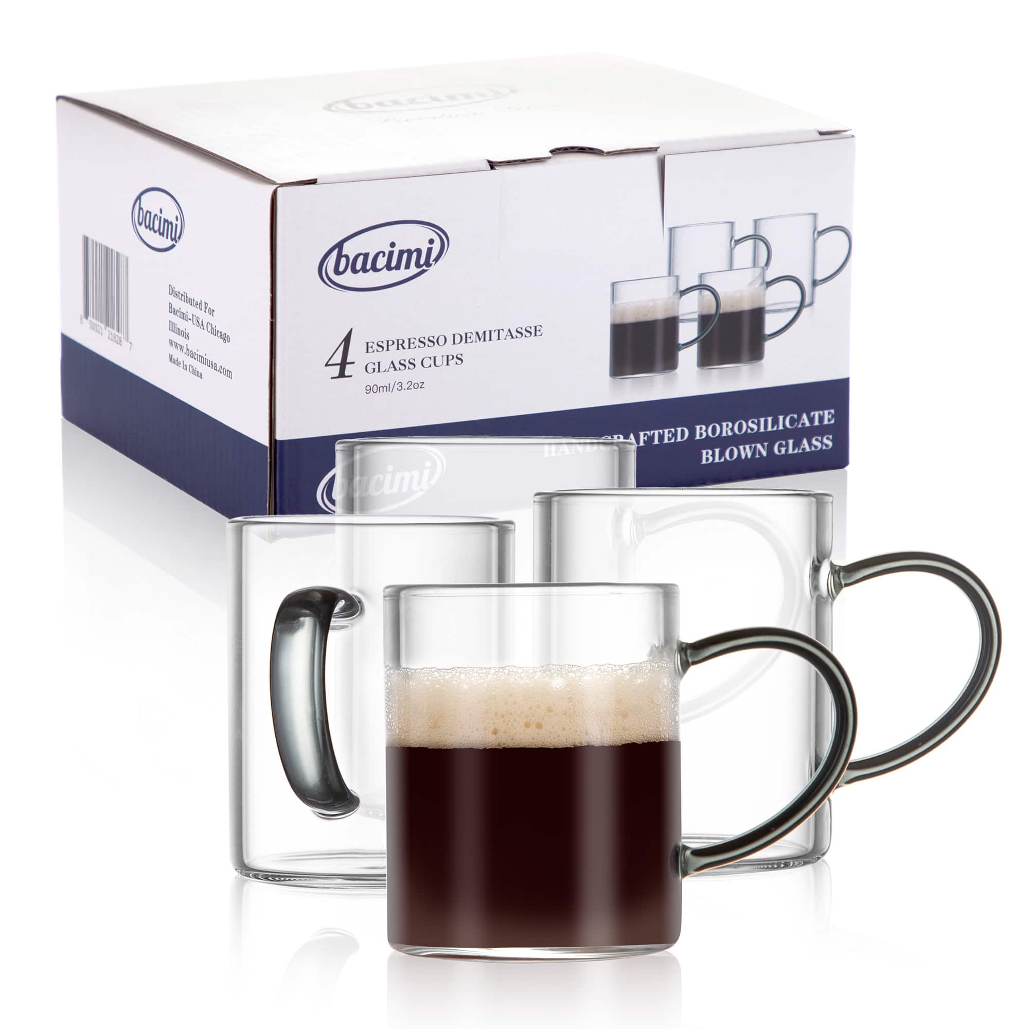 Bacimi - Clear Demitasse Mini Espresso Coffee Cups with Smoke Handles - Set of 4 / 3oz / 90 ML - Borosilicate Glass 3mm Thick - Clear/Smoke