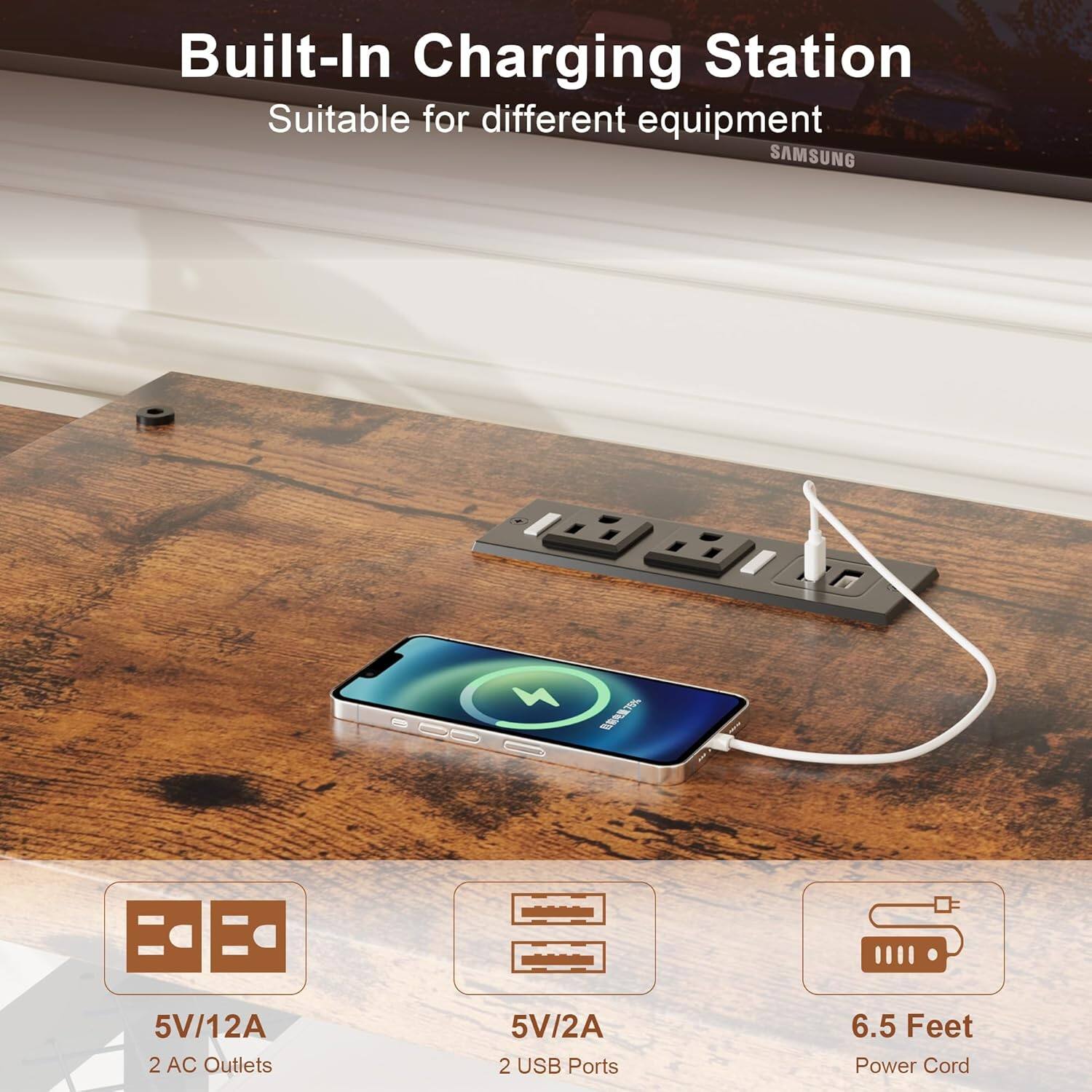 Built-In Charging Station  
Suitable for different equipment  

5V/12A  
2 AC Outlets  

5V/2A  
2 USB Ports  

6.5 Feet Power Cord