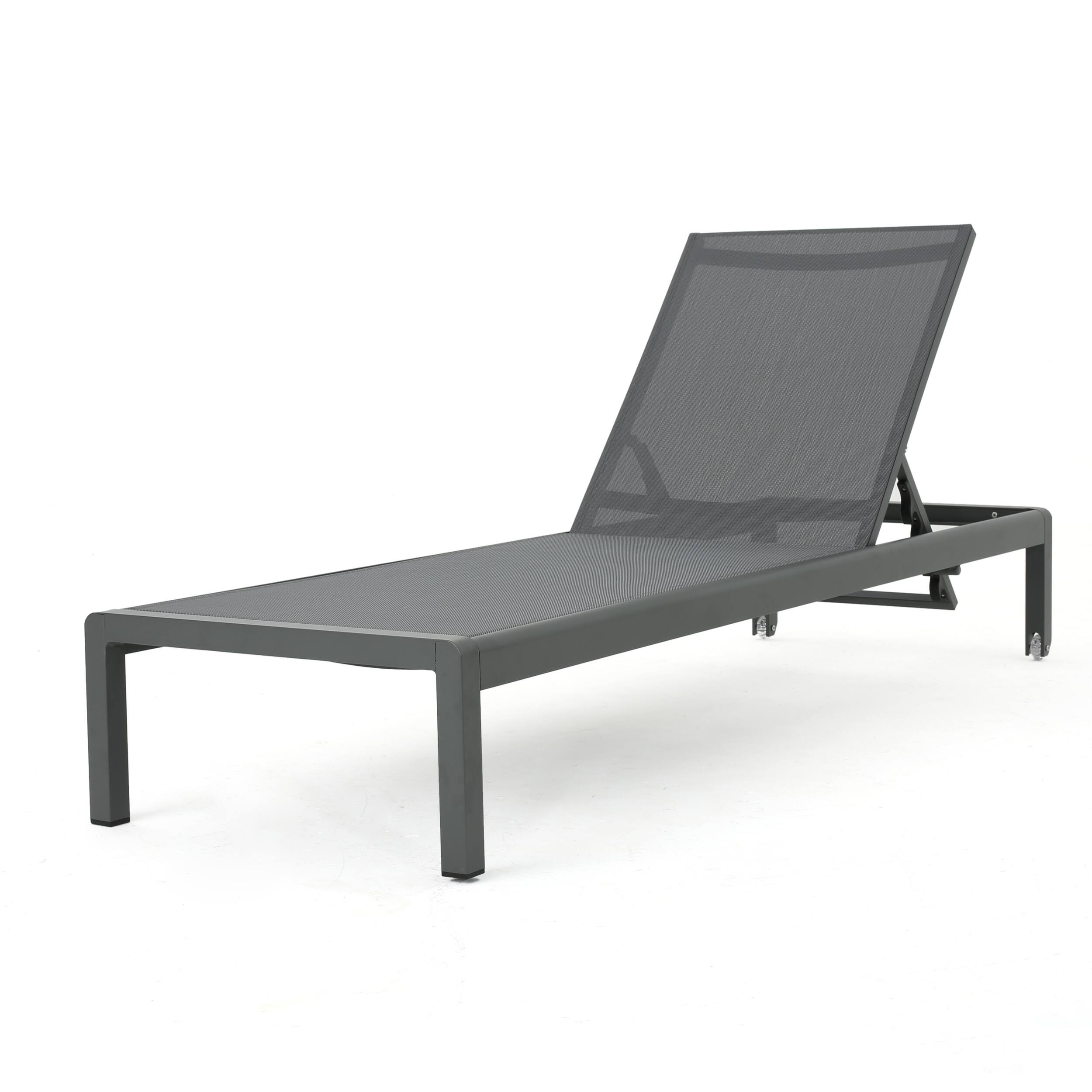 Angle. Mondawe - Adjustable Aluminum Frame Mesh Chaise Lounge with Wheels - Gray.