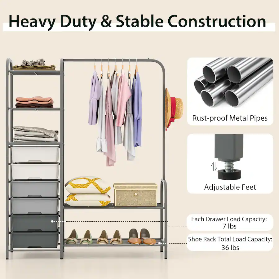 Costway Heavy Duty Clothes Rack with 6 Removable Drawers 3 Tier Open ...