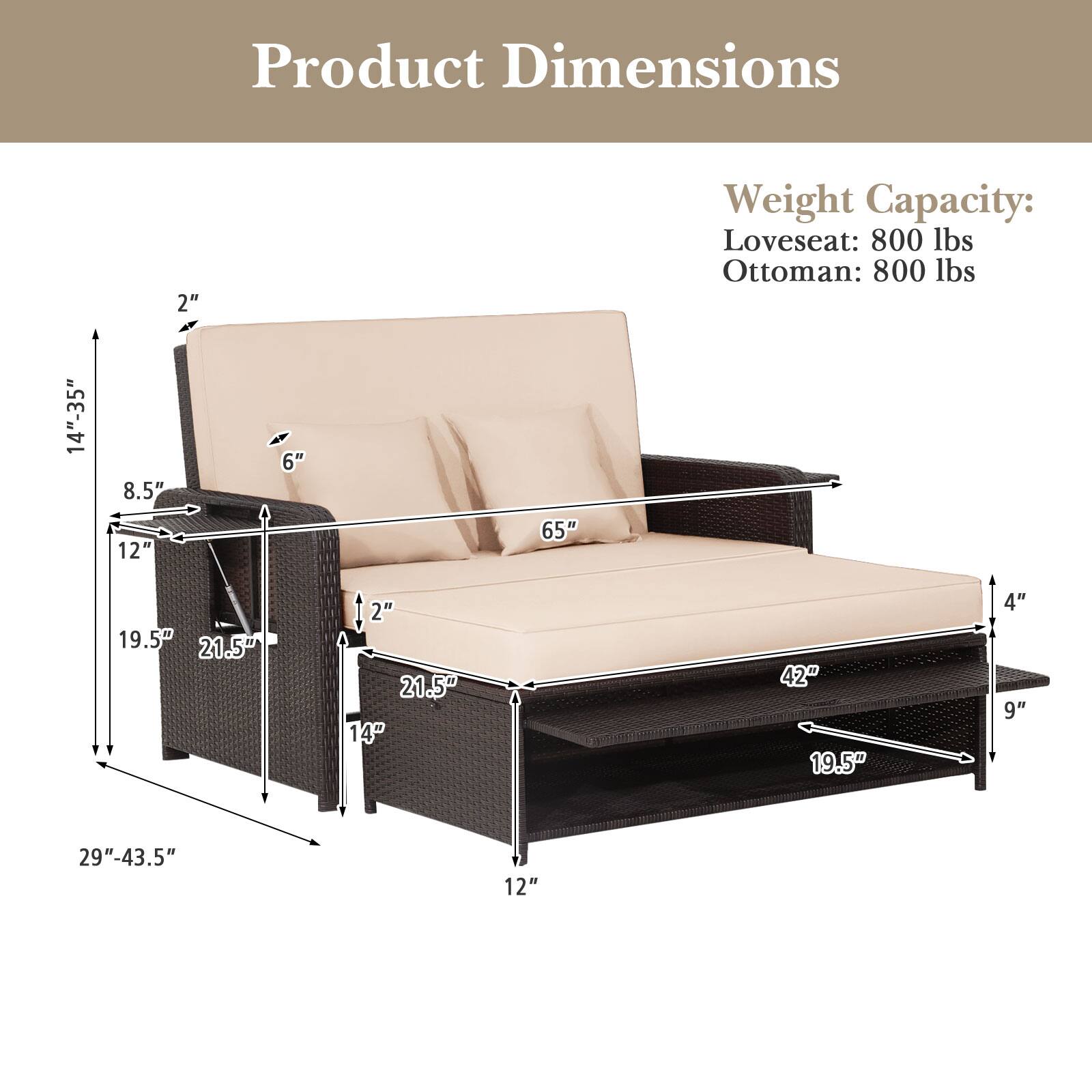 Product Dimensions  
Weight Capacity:  
Loveseat: 800 lbs  
Ottoman: 800 lbs  

- 14"-35"  
- 8.5"  
- 12"  
- 6"  
- 65"  
- 19.5"  
- 21.5"  
- 2"  
- 21.5"  
- 14"  
- 42"  
- 19.5"  
- 4"  
- 9"  
- 29"-43.5"  
- 12"