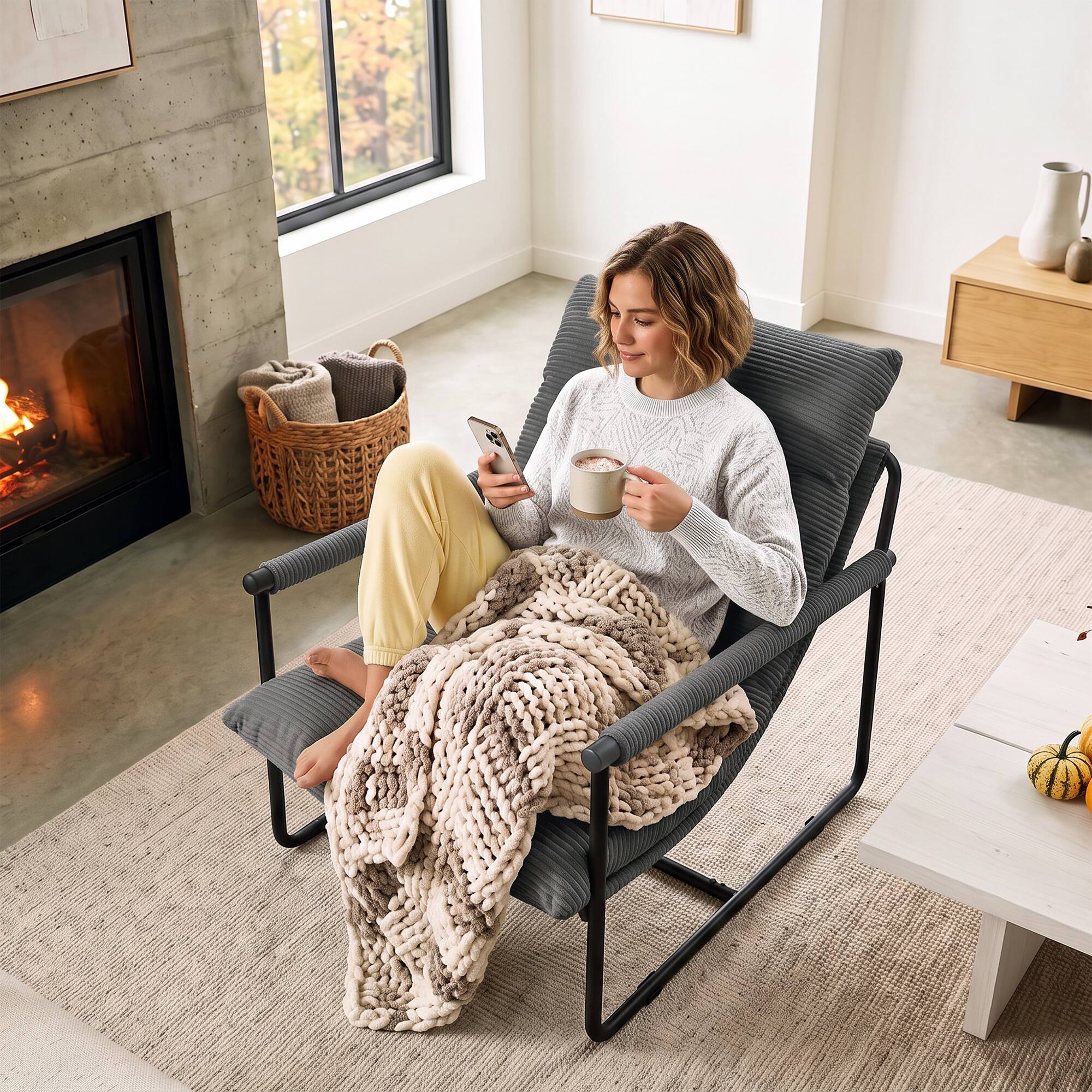 Alt View 6. Celtoss - Ergonomic Corduroy Lounge Chair with Lumbar Pillow, Tufted Backrest, 300 Lbs Capacity  - Dark Gray.