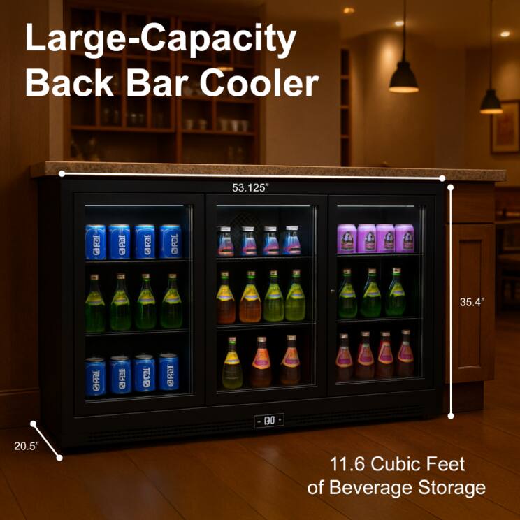 Large-Capacity Back Bar Cooler  
53.125" GRaI @AaI Gra @PaL 35.4" GAaL 0P TB @PI GO 20.5" 11.6 Cubic Feet of Beverage Storage

Corrected:  
Large-Capacity Back Bar Cooler  
53.125" W x 35.4" H x 20.5" D  
11.6 Cubic Feet of Beverage Storage