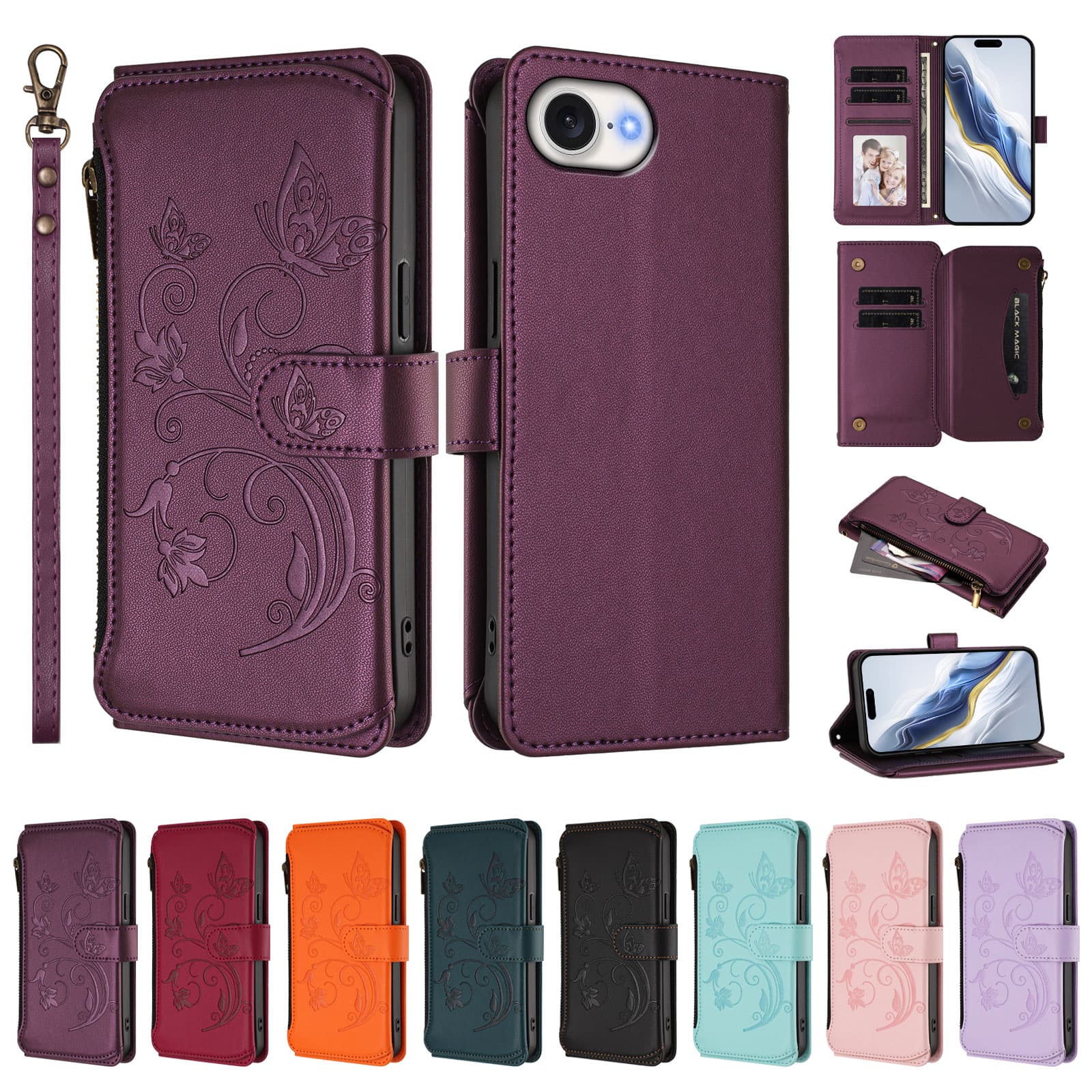 Dteck - Crossbody Wallet Case for Apple iPhone 17e / 16e,Embossed Butterfly Flower Folio Cover with Zipper Pocket+Strap - Darkpurple price history on PriceWatchPro
