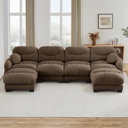 Anysun - 4-Seater U Shape Sectional Couch with 2 Ottomans, Chenille Fabric, High-Density Foam & Curved Armrests for Living Room - Brown