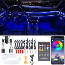 PARKER SLATER - Interior Car Lights, 9 in 1 LED Strip Ambient Lighting Kit with APP/Remote Control, Fiber Optic & Under Dash Lights - RGB