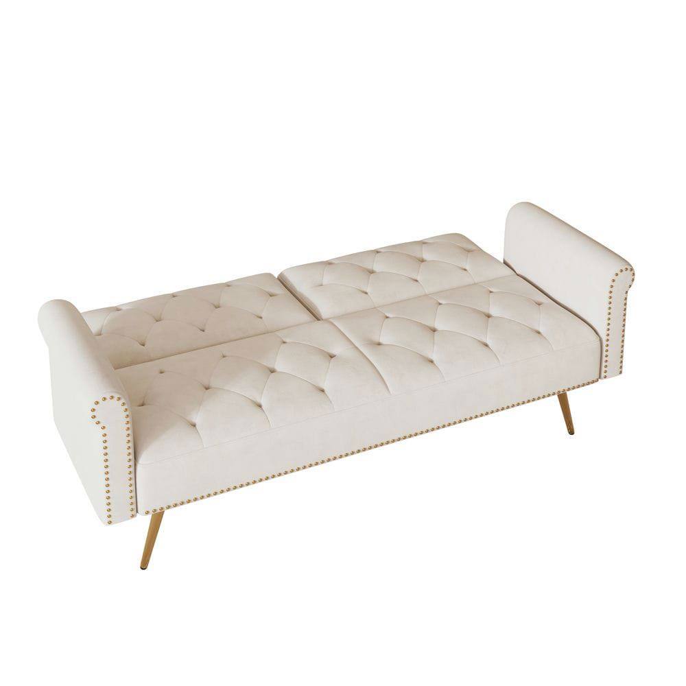 Alt View 4. Resenkos - 69.7" Velvet Sofa Bed with Nail Head Trim & Matching Throw Pillow - Beige.