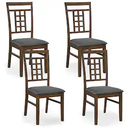Costway - Rubber Wood Dining Chairs Set of 4 Farmhouse Kitchen Chairs with Lattice Back - Brown & Gray