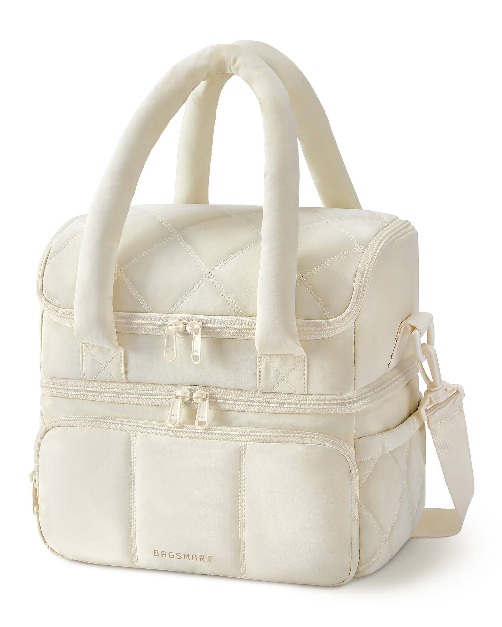 Angle. Bagsmart - Double Deck Insulated Lunch Bag, 11.8L Quilted Thermal Tote with Leakproof Compartments & Shoulder Strap - White.