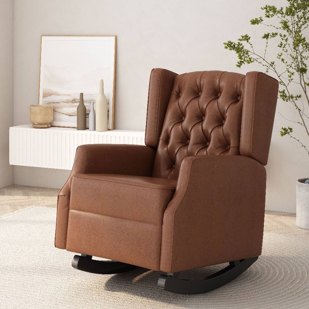 Back. Loheer - Loheer Rocking Chair Nursery Wingback Solid Wood Armchair - Cognac.