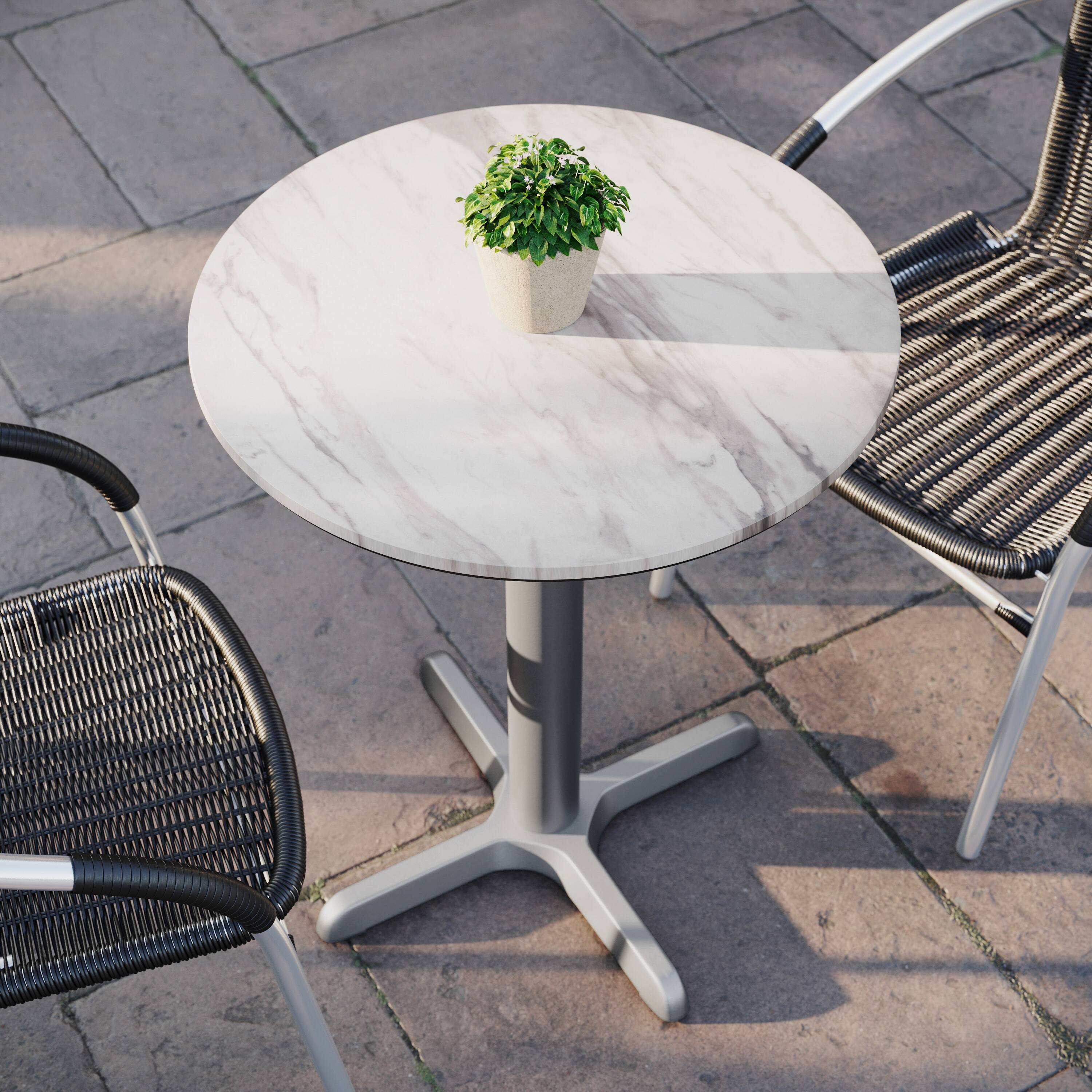 Alt View 4. Emma + Oliver - PureShield Indoor Outdoor Tabletop with Seam-Free Surface Innovation and Cast Iron Bistro Table Base - White Faux Marble/Silver Base.