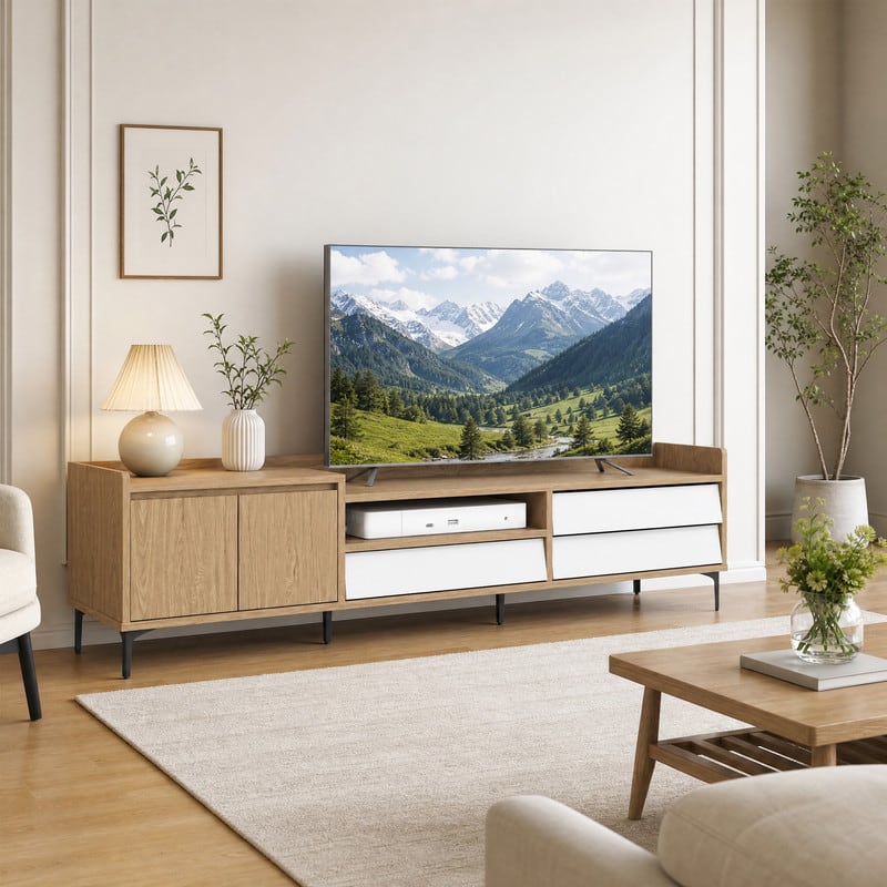 WELLFOR - Mid Century Modern TV Stand for TVs up to 80", Entertainment Center with Storage Cabinet & Drawer - Natural