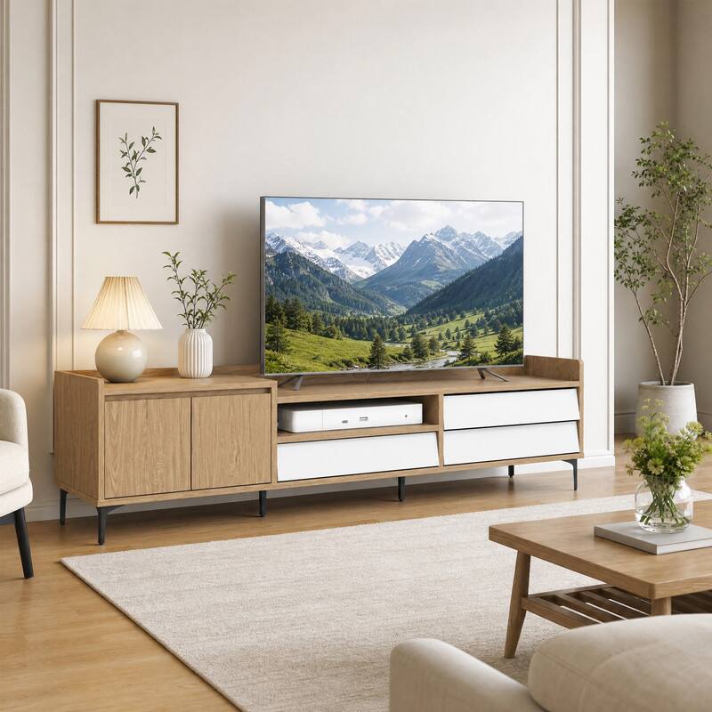 Front. WELLFOR - Mid Century Modern TV Stand for TVs up to 80", Entertainment Center with Storage Cabinet & Drawer - Natural.