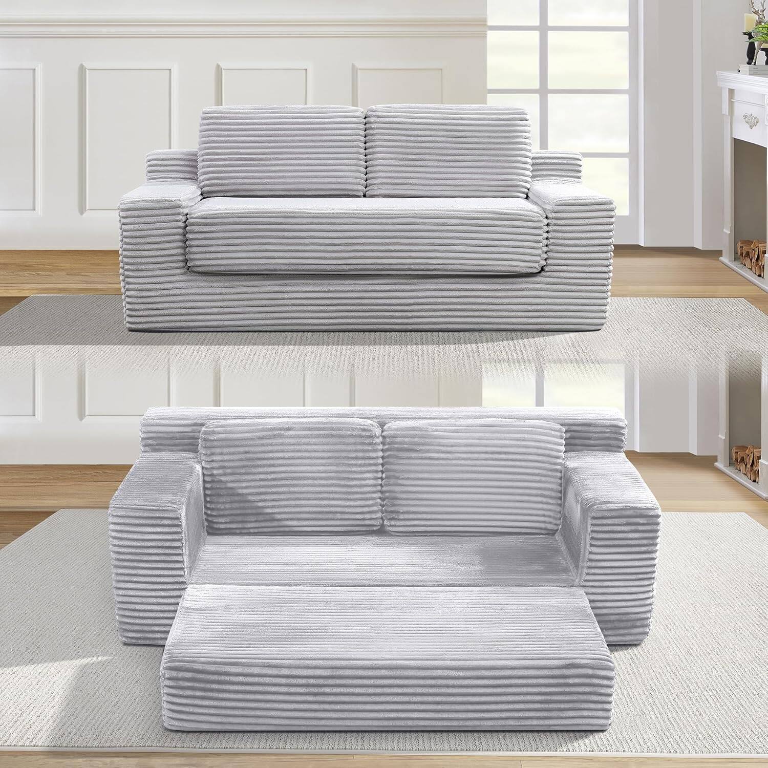 Alt View 3. Trinkets Crazed - Corduroy Cloud Loveseat Sofa, 2 in 1 Folding Convertible Sleeper Sofa with Fixed-Shape Frame and 2 Pillows - gray.