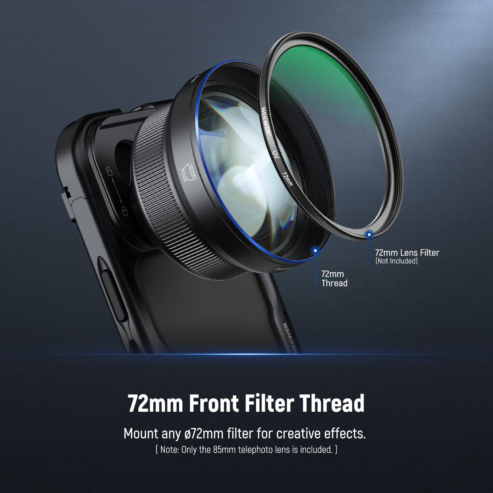 6 I Ew UV 72mm 8 72mm Thread 72mm Lens Filter (Not Included) NEEWER 72mm Front Filter Thread Mount any 72mm filter for creative effects. (Note: Only the 85mm telephoto lens is included.)