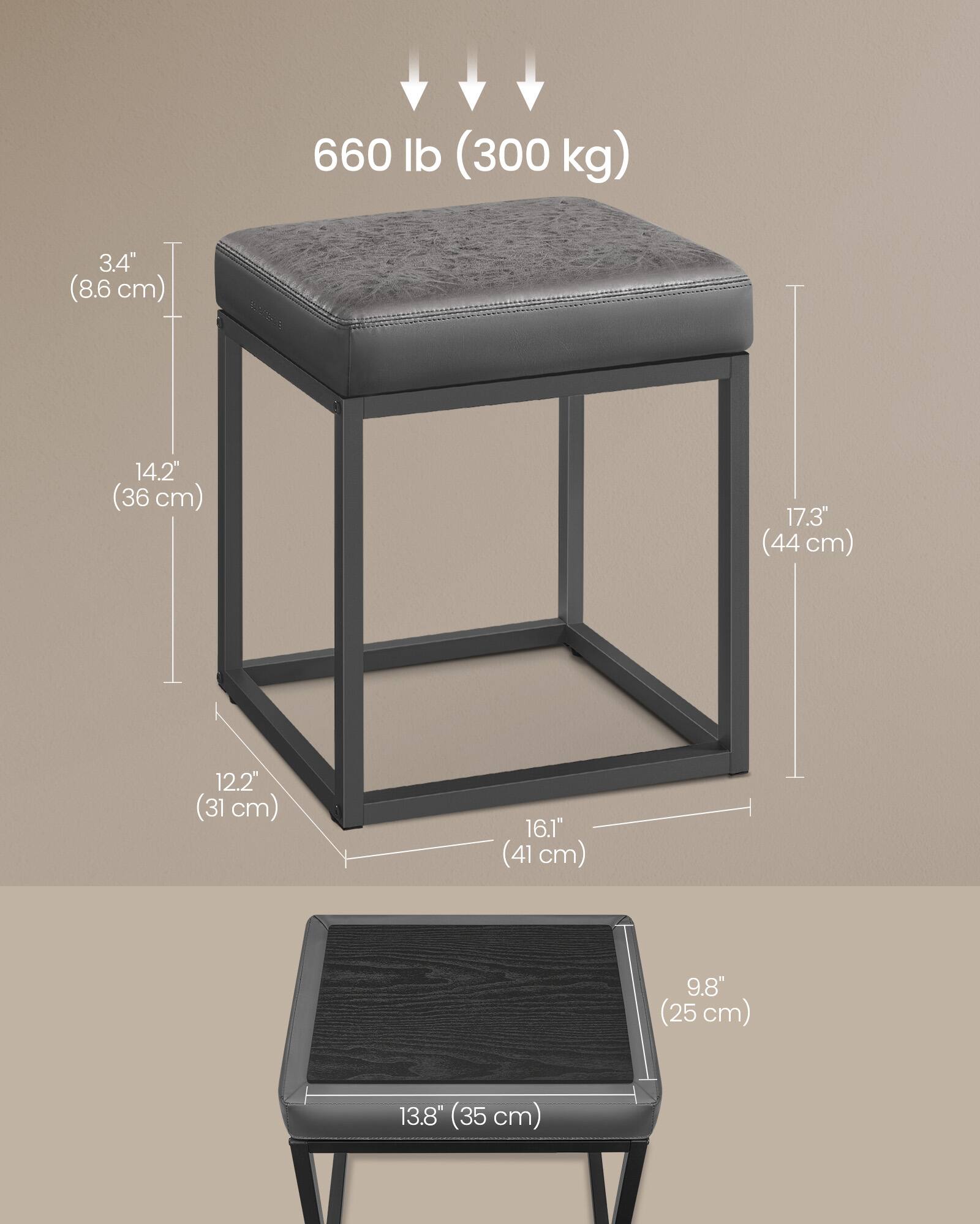 660 lb (300 kg)  
3.4" (8.6 cm)  
14.2" (36 cm)  
17.3" (44 cm)  
12.2" (31 cm)  
16.1" (41 cm)  
9.8" (25 cm)  
13.8" (35 cm)