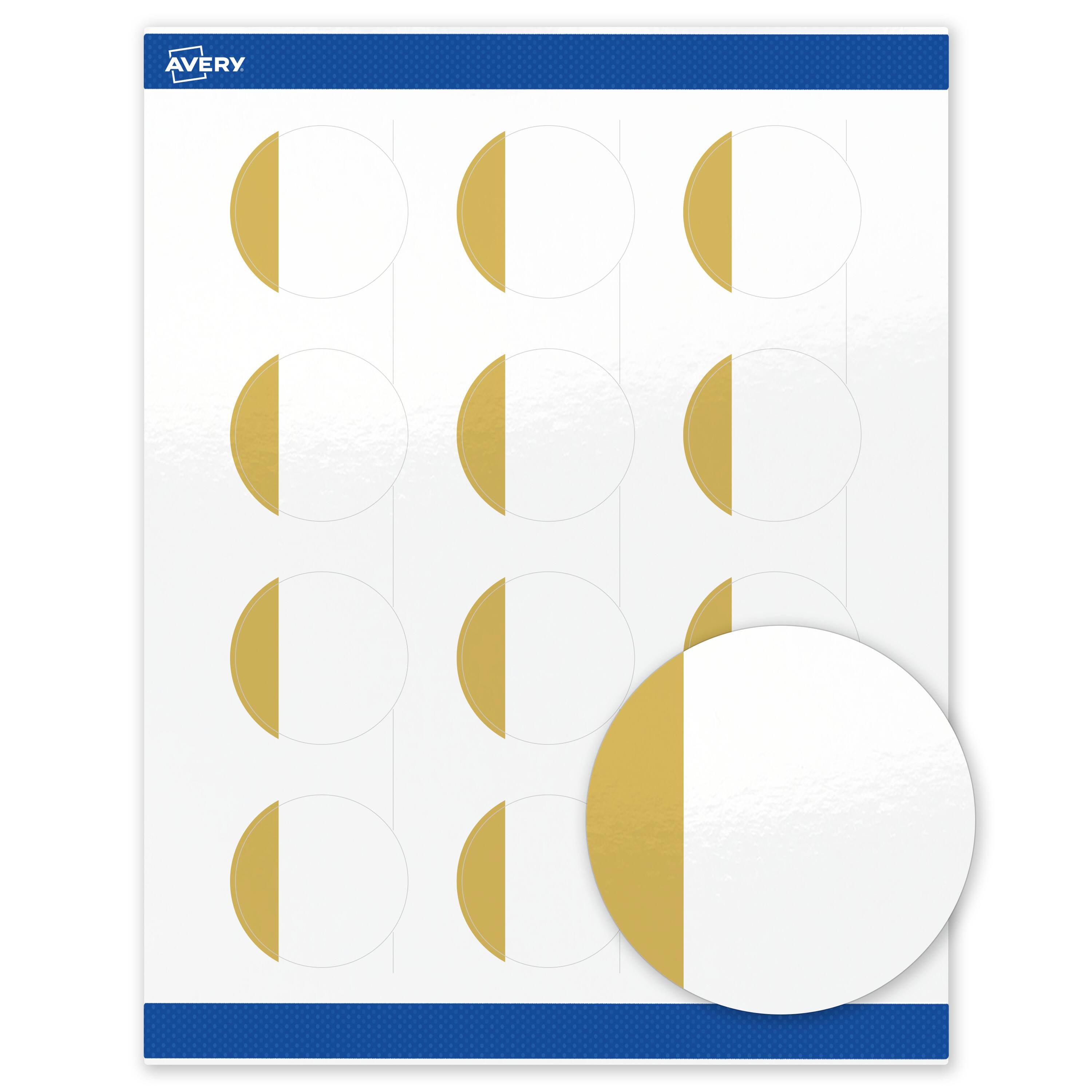 Front. Avery - Avery Labels, 2" Diameter, Glossy White, Dipped Gold Edge - White.