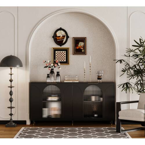 Left. LUCKY ONE - Freestanding Black Lacquered Accent Cabinet with 4 Glass Doors Adjustable Shelves for Living Room - Black.