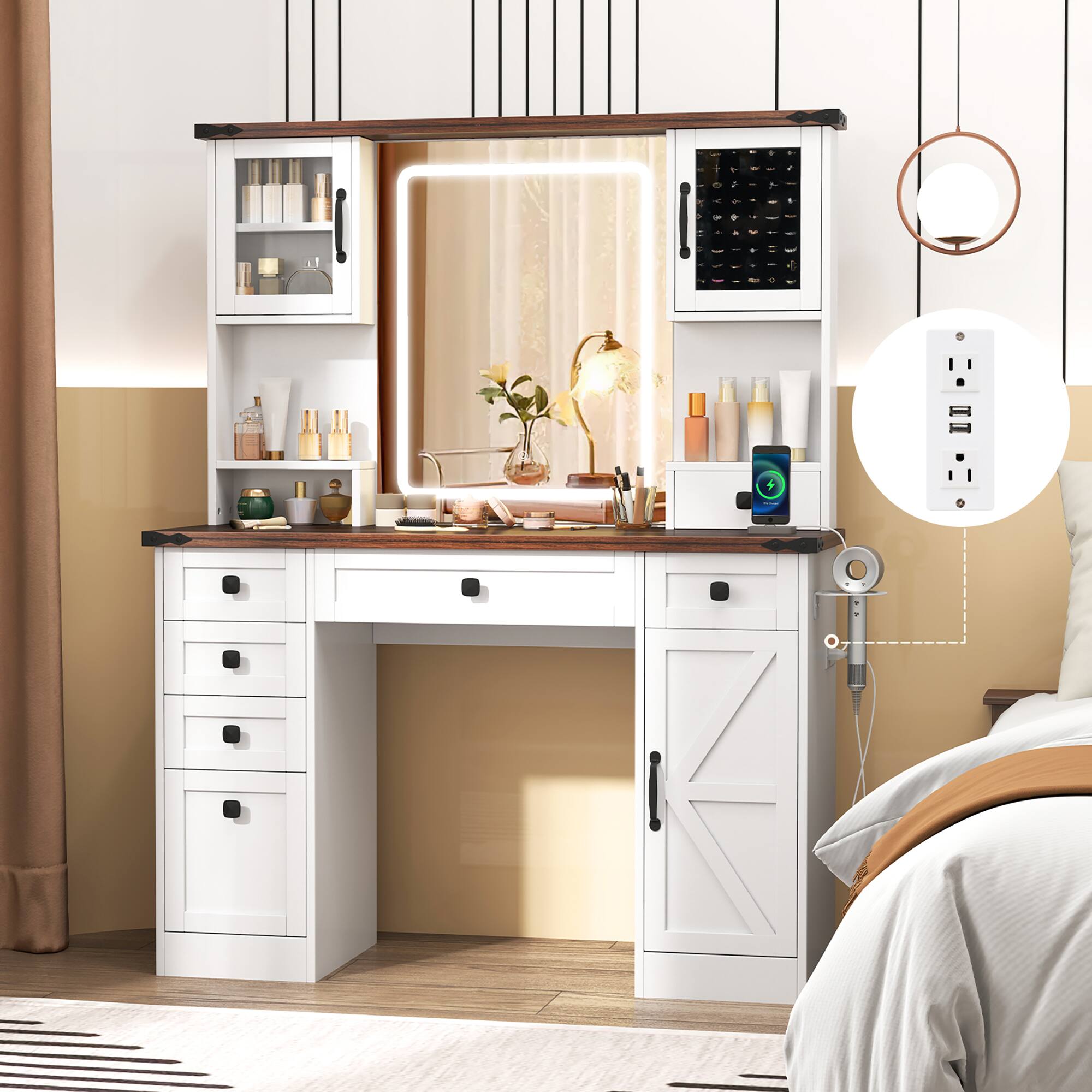 Alt View 1. Gymax - Gymax Farmhouse Vanity Desk w/ Lighted Mirror Makeup Vanity Table w/ 3 Doors - White, Dark Brown.