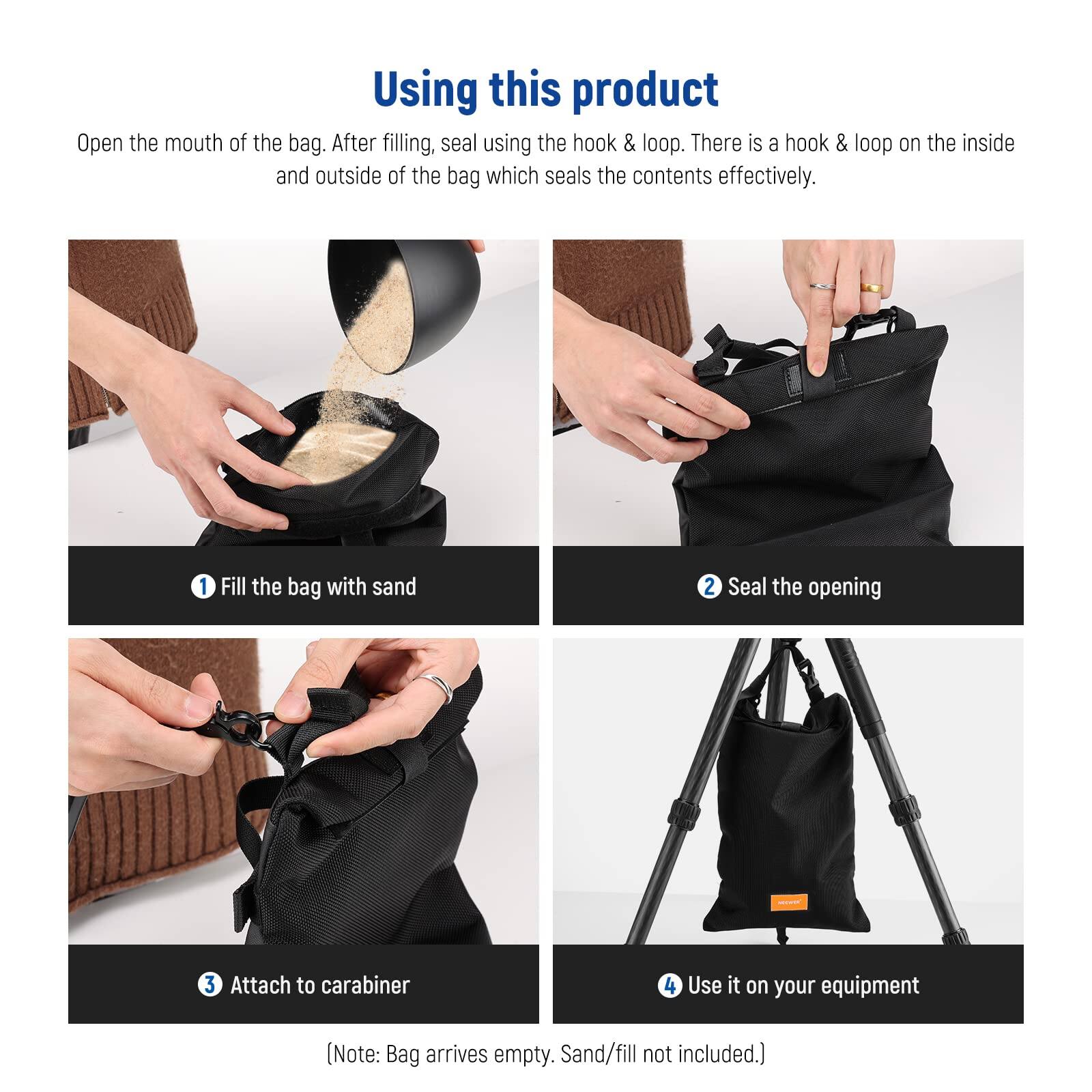 Using this product

Open the mouth of the bag. After filling, seal using the hook & loop. There is a hook & loop on the inside and outside of the bag which seals the contents effectively.

1. Fill the bag with sand
2. Seal the opening
3. Attach to carabiner
4. Use it on your equipment

(Note: Bag arrives empty. Sand/fill not included.)