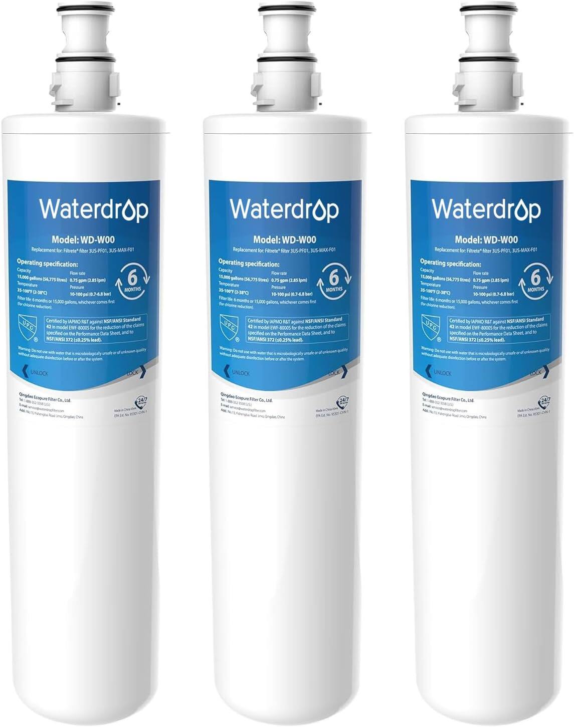 Waterdrop Model: WD-W00  
Replacement for Filreeta Niher 3U5-PPOL RS MAX-F01  
Operating specification:  
Capacity: 15,000 gallons (4.773 m³)  
Flow rate: 0.5 gpm (1.89 L/min)  
Temperature: 32°F - 100°F (0°C - 38°C)  
Filter life: 6 months or 15,000 gallons, whichever comes first  

Waterdrop Model: WD-W00  
Replacement for iete* Wher JUS-PF01 JUS-MAX-F01  
Operating specification:  
Capacity: 15,000 gallons (4.773 m³)  
Flow rate: 0.5 gpm (1.89 L/min)  
Temperature: 32°F - 100°F (0°C - 38°C)  
Filter life: 6 months or 15,000 gallons, whichever comes first  

Waterdrop Model: WD-W00  
Replacement for Fitete* fhter JU5-PF01 JUS-MAX-F