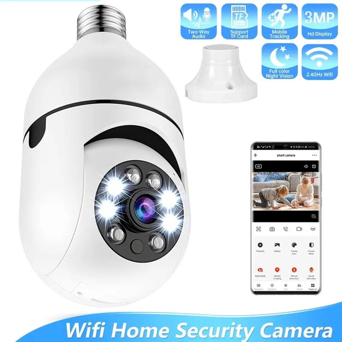 Tiramisubest - 360"Wireless Bulb Security Camera Indoor/Outdoor Pan Tilt Zoom Camera with 360 Degree Motion Tracking,Color Night Vision