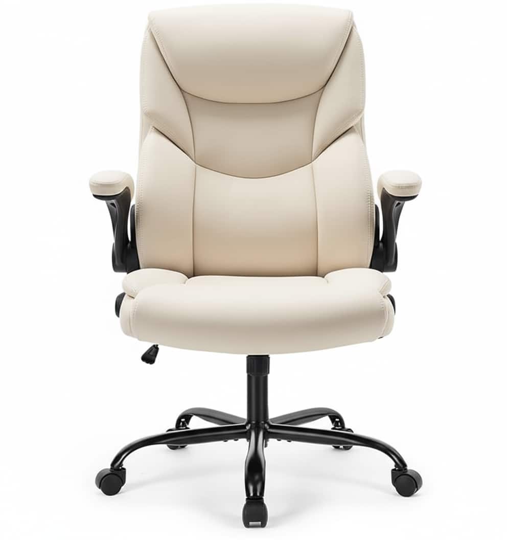AOITUN - Ergonomic Office Chair Heavy Duty Task Desk Chair with Flip-up Arms, PU Leather, Adjustable Swivel Rolling Chair - White