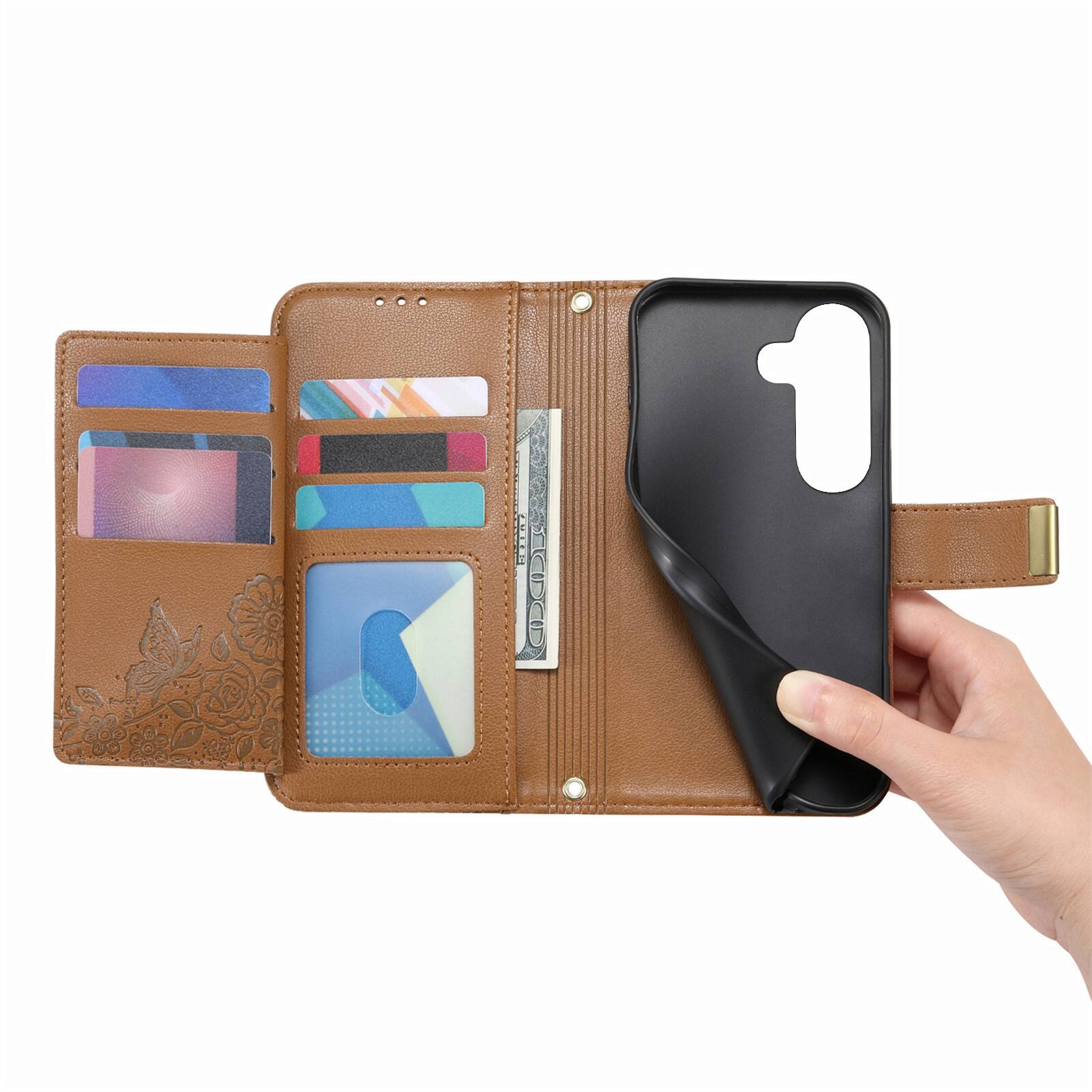 Alt View 8. UUCOVER - Floral PU Leather Wallet Case for Samsung Galaxy S26 with Zipper Pocket, Cash Card Slot Holder, Shoulder & Wrist Strap - Brown.