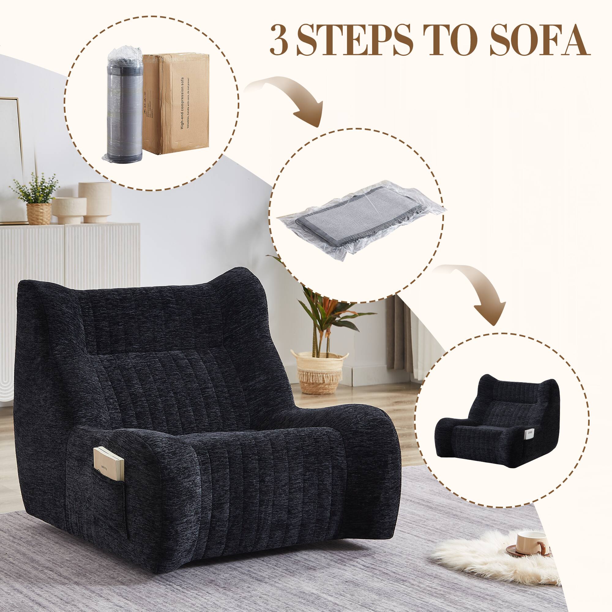 3 STEPS TO SOFA

1. Unboxing
2. Assembling
3. Final Product