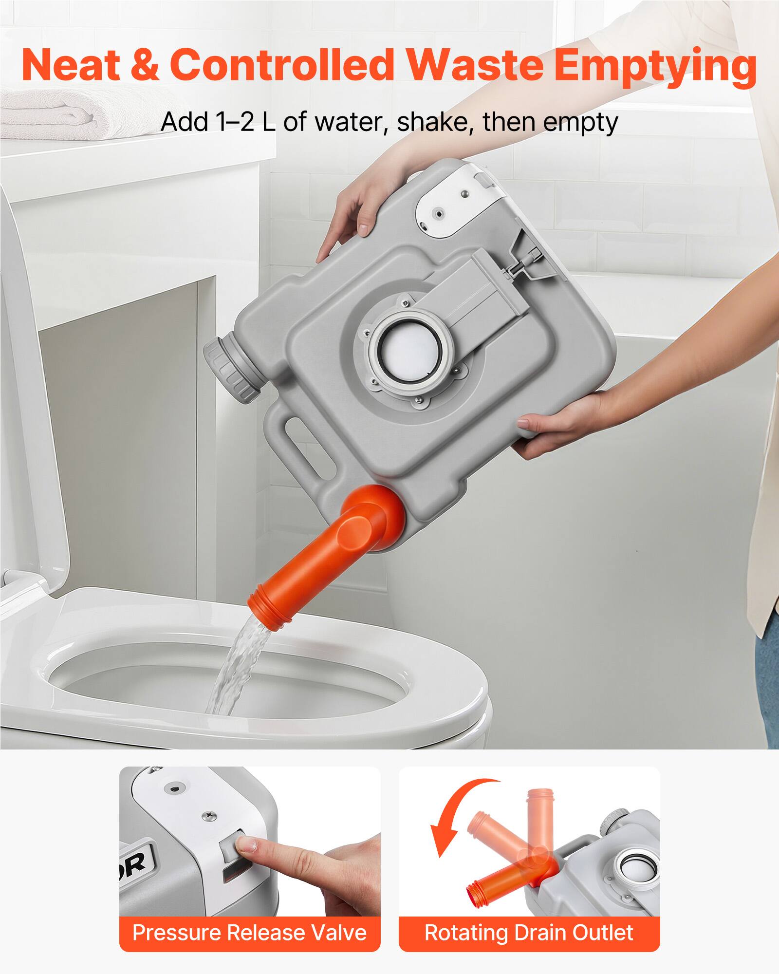 Neat & Controlled Waste Emptying  
Add 1-2 L of water, shake, then empty  

Pressure Release Valve  
Rotating Drain Outlet
