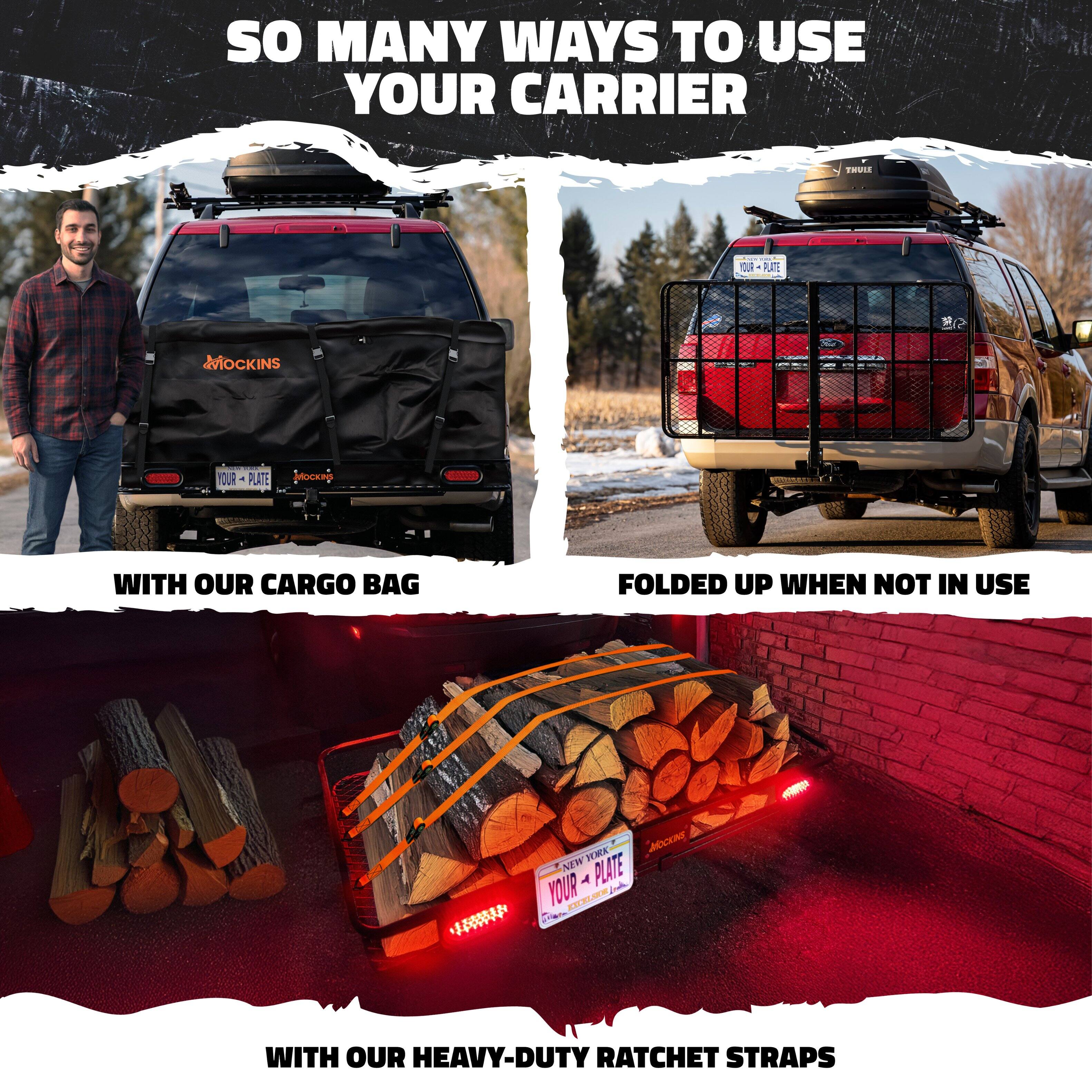 SO MANY WAYS TO USE YOUR CARRIER

- WITH OUR CARGO BAG
- FOLDED UP WHEN NOT IN USE
- WITH OUR HEAVY-DUTY RATCHET STRAPS