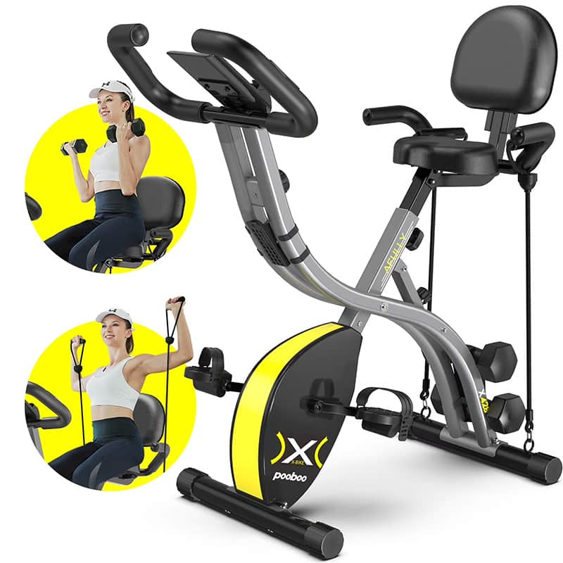Pooboo - Folding Exercise Bike Indoor Upright Magnetic Workout Bicycle With Dumbbells and Resitance Bands - Yellow