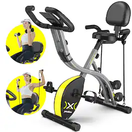 Pooboo - Folding Exercise Bike Indoor Upright Magnetic Workout Bicycle With Dumbbells and Resitance Bands - Yellow