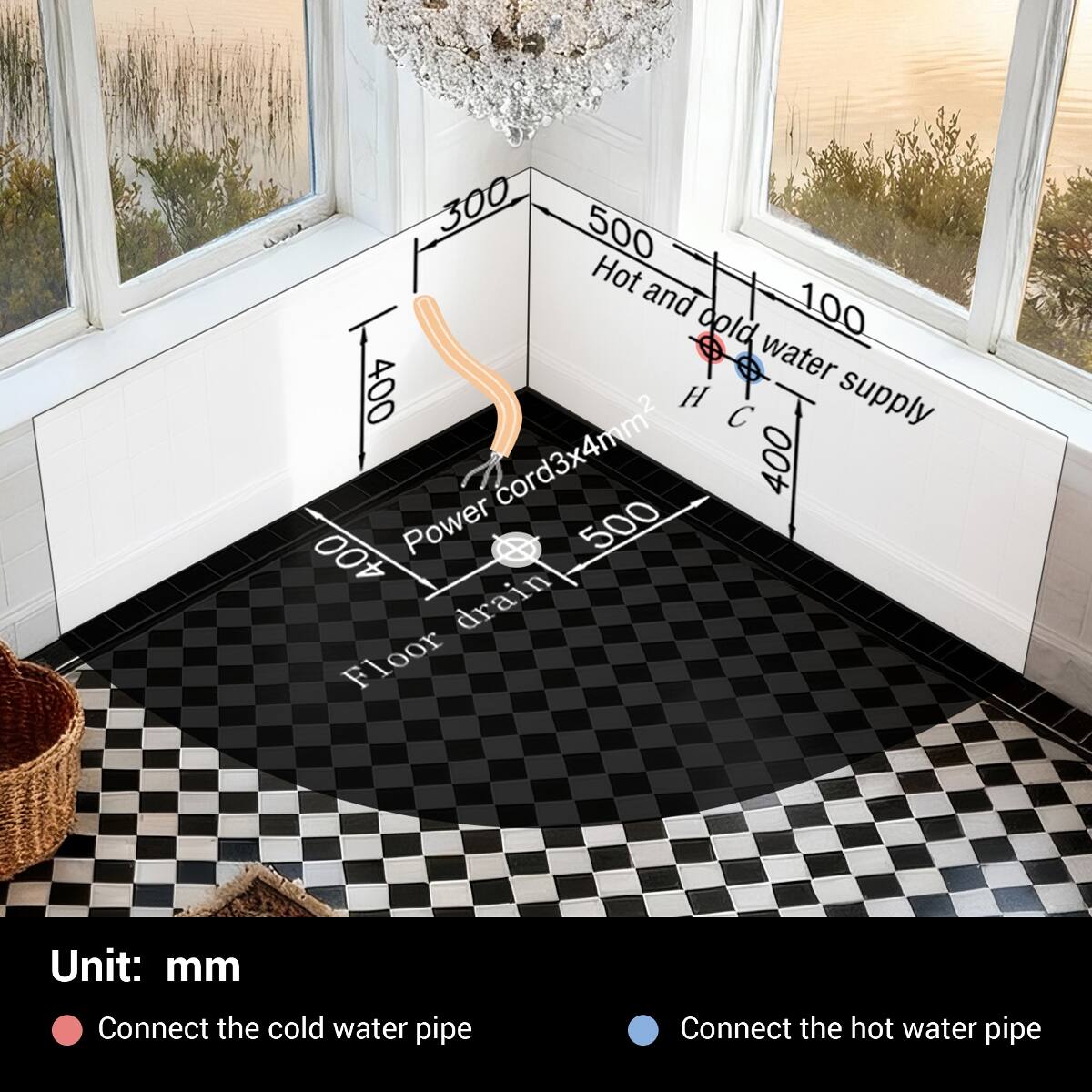 300 500 Hot and cold water supply 100 400 water H supply Power cord3x4mm2 500 400 400 drain Floor

Unit: mm

Connect the cold water pipe

Connect the hot water pipe