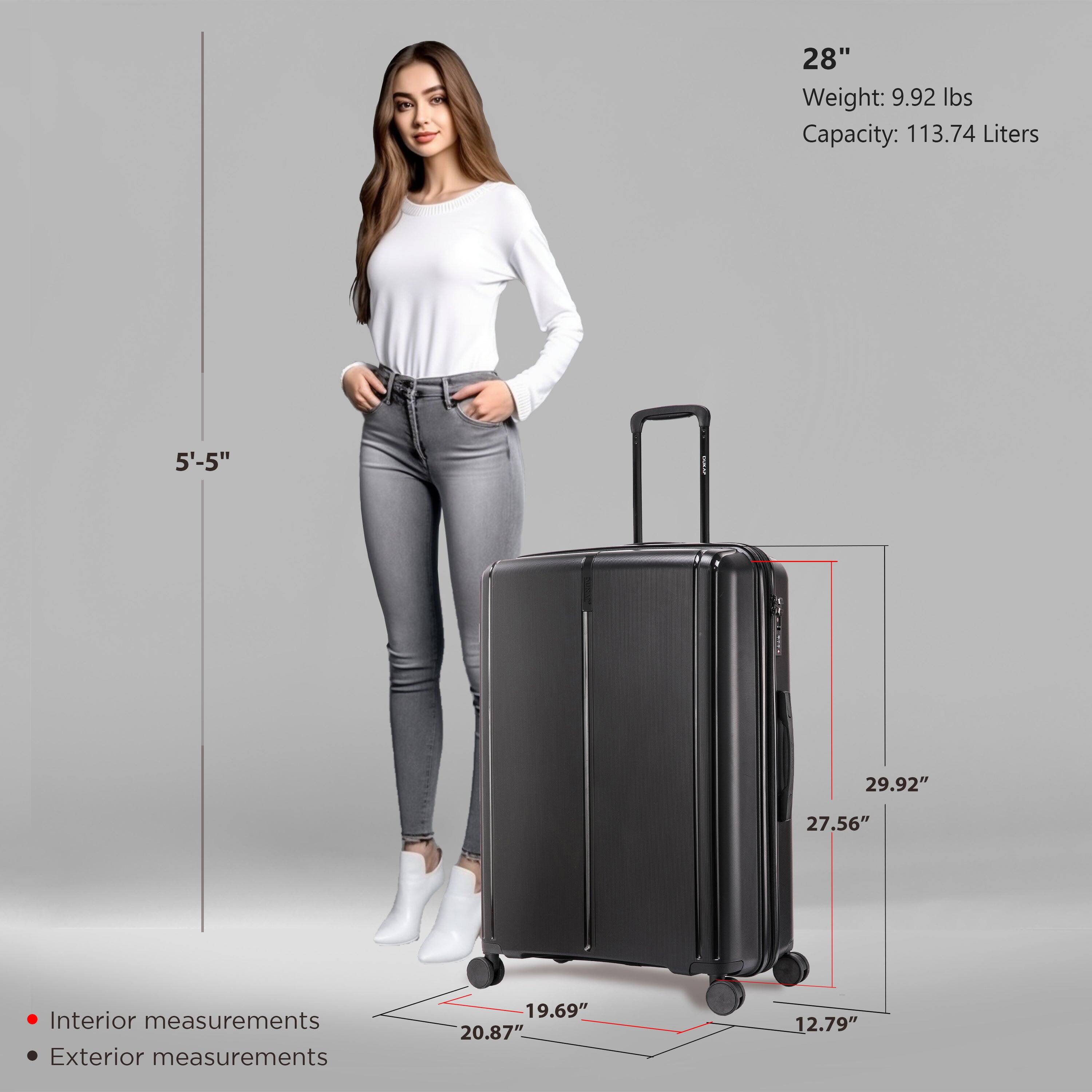 28"  
Weight: 9.92 lbs  
Capacity: 113.74 Liters  

5'-5"  

Interior measurements:  
19.69" x 20.87" x 12.79"  

Exterior measurements:  
29.92" x 27.56" x 19.69"