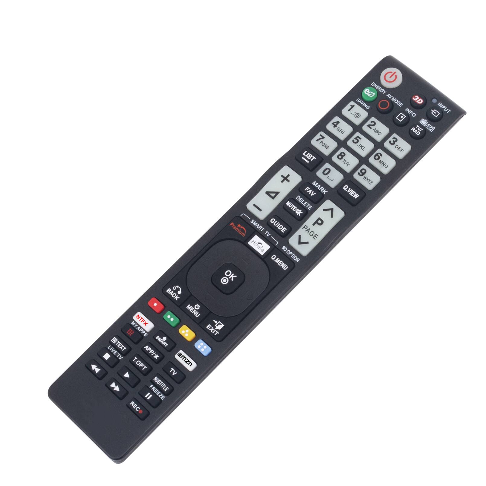 ENERGY SAVING MODE 3D 1. INFO INPUT 4 2 GHI ABC TVAD 7 5 3 PQRS JKL DEF LIST 8 6 TUV MNO 0 9 [ WXYZ FAV MARK Q.VIEW MUTECK DELETE Premium SMART TV GUIDE PAGE Home 3D OPTION Q.MENU OK BACK MENU o MYAPPS NTFX EXIT TEXT TRAMS LIVE TV T.OPT APP/* amzn TV " FREEZE SUBTITLE REC