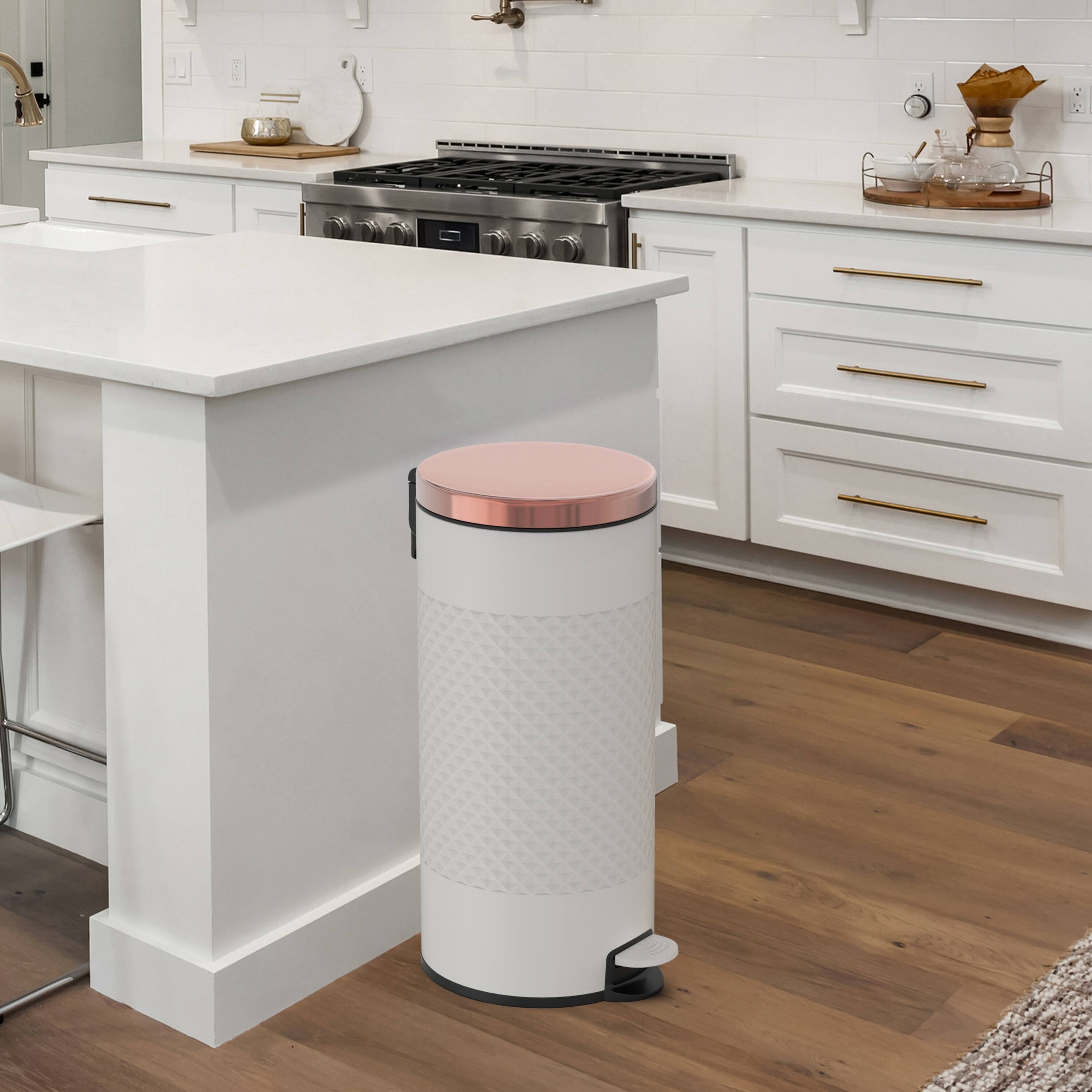 Left. Innovaze - 8 Gallon / 30 Liter White Metal Step-On Trash Can, Diamond Texture, Kitchen & Home Use - White.