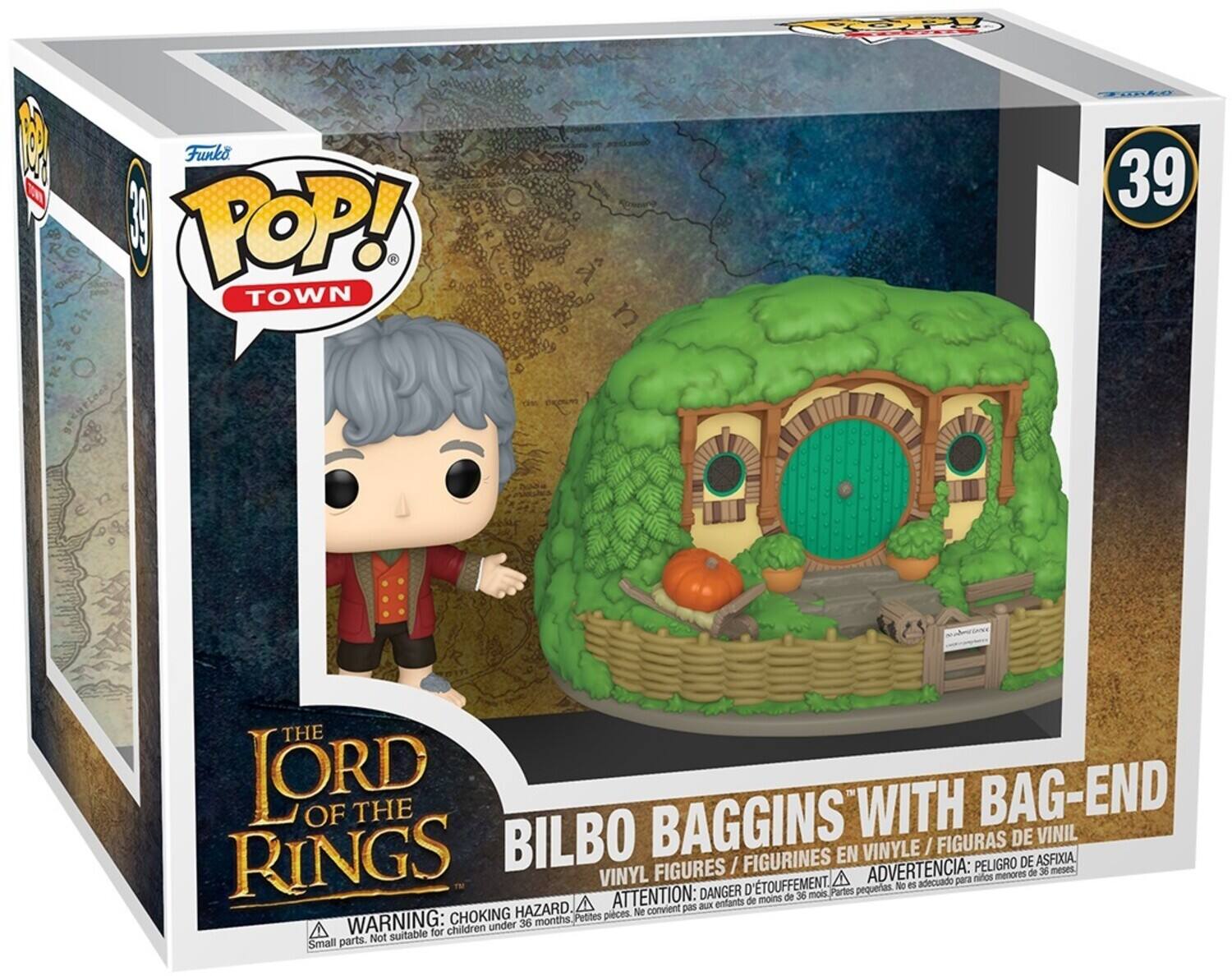 POP! TOWN, THE LORD OF THE RINGS, BILBO BAGGINS WITH BAG-END, VINYL FIGURES / FIGURINES EN VINYLE, ATTENTION: DANGER D'ÉTOUFFEMENT, WARNING: CHOKING HAZARD, ADVERTENCIA: PELIGRO DE ASFIXIA, Small parts. Not suitable for children under 36 months. Petites pièces. No convient pas aux enfants de moins de 36 mois. Partes pequeñas. No están adecuadas para niños menores de 36 meses.