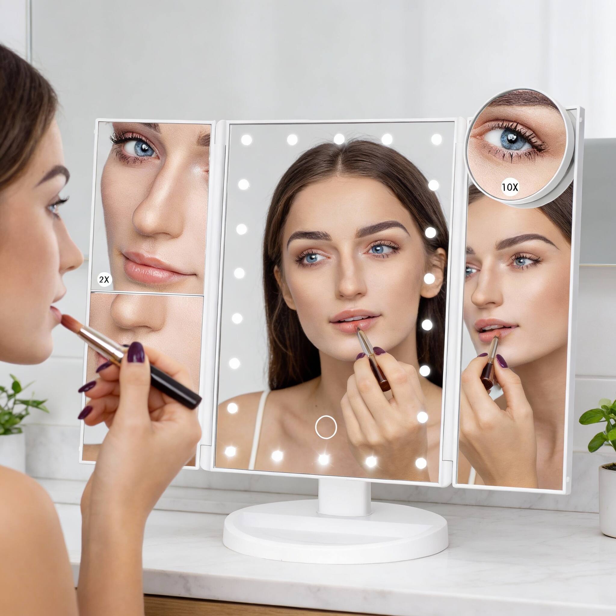 Left. PO3TICJUNKI3 - Trifold LED Makeup Mirror 1X/2X/3X/10X Magnifying Touch Dimmer USB/Battery - Default.