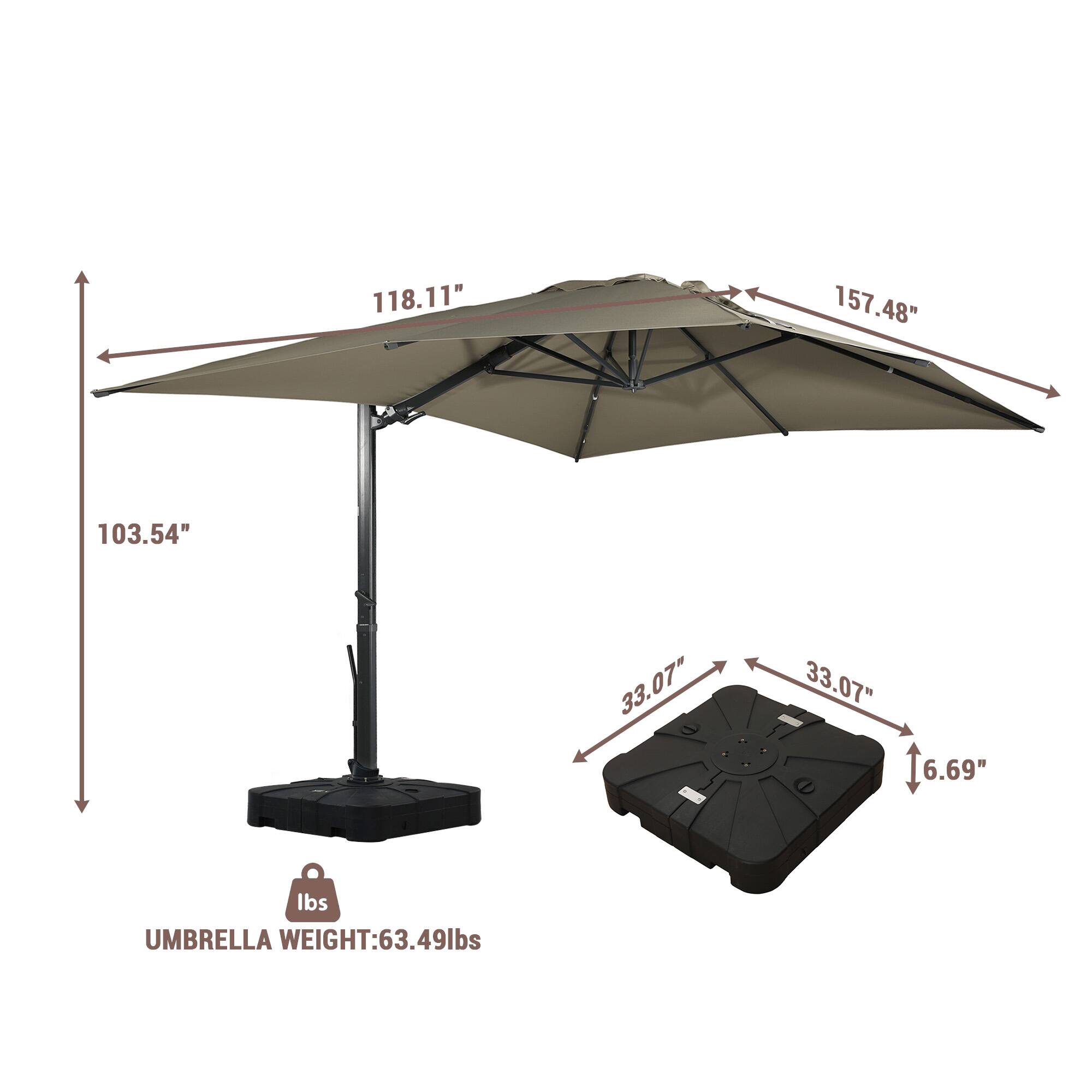 118.11"  
157.48"  
103.54"  
33.07"  
33.07"  
6.69"  
lbs  
UMBRELLA WEIGHT: 63.49lbs