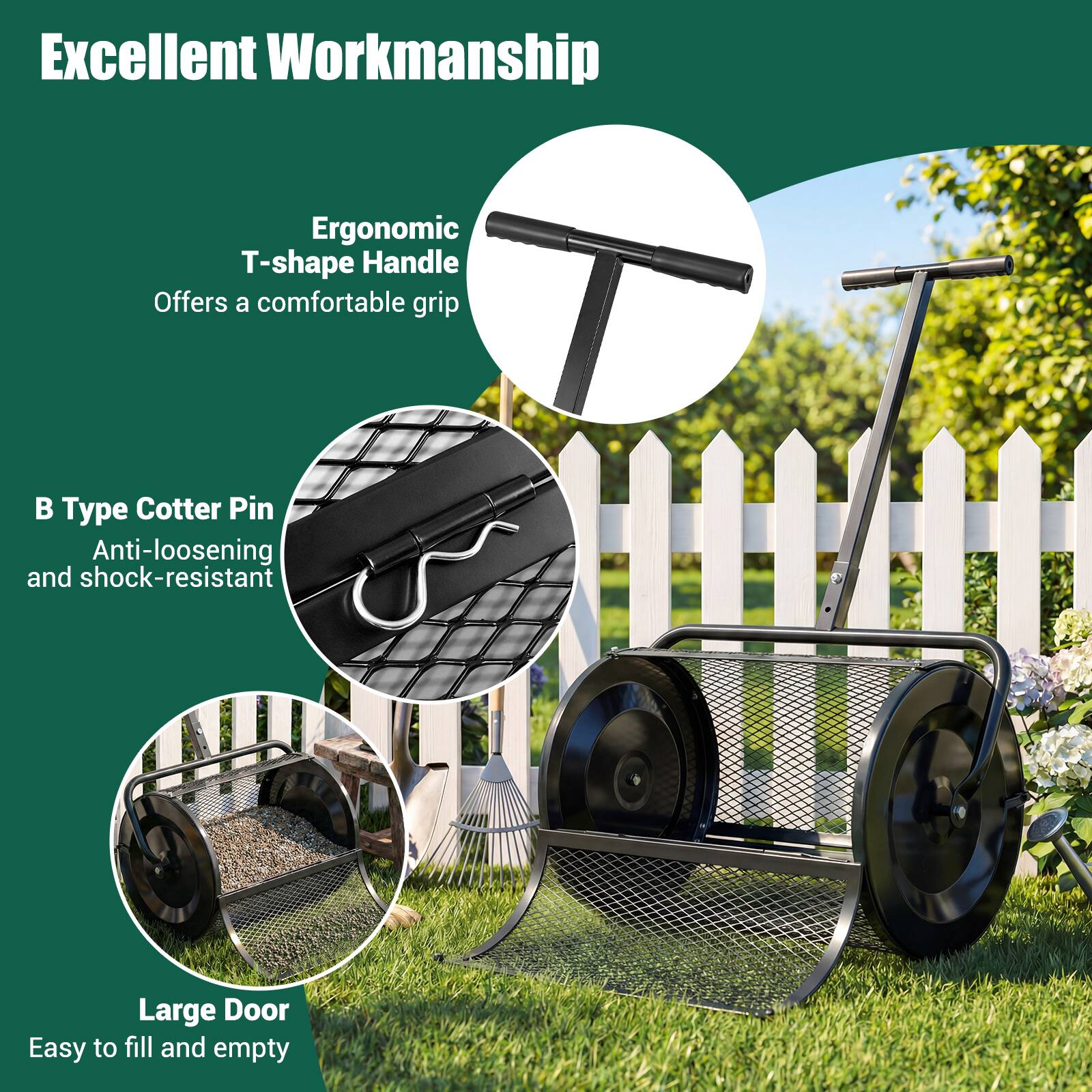 Excellent Workmanship

Ergonomic T-shape Handle  
Offers a comfortable grip

B Type Cotter Pin  
Anti-loosening and shock-resistant

Large Door  
Easy to fill and empty