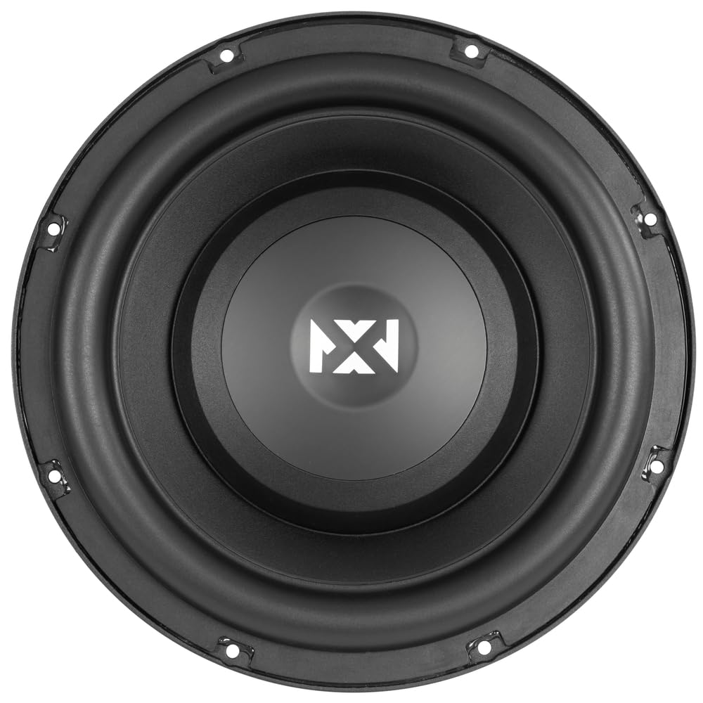 Left. NVX - SQW104 1200W Peak (600W RMS) SQ-Series Shallow-Mount 10" Dual 4-Ohm Subwoofer.