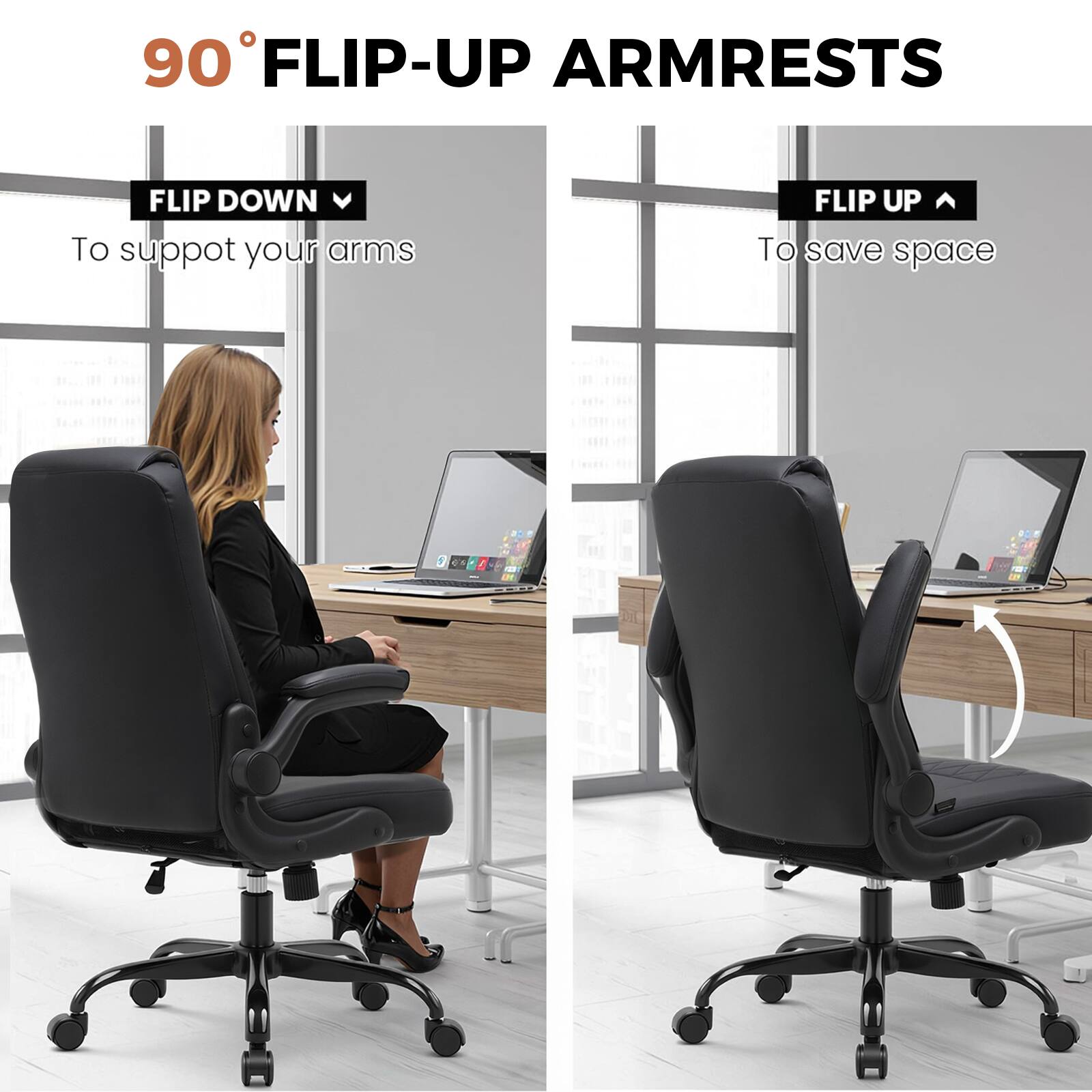 90° FLIP-UP ARMRESTS
FLIP DOWN ⬇️ To support your arms
FLIP UP ⬆️ To save space