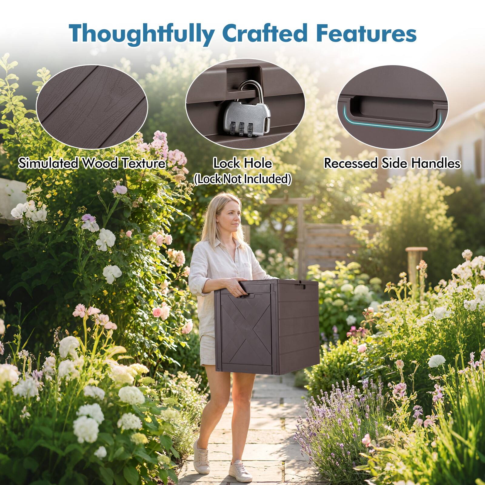 Thoughtfully Crafted Features

- Simulated Wood Texture
- Lock Hole (Lock Not Included)
- Recessed Side Handles