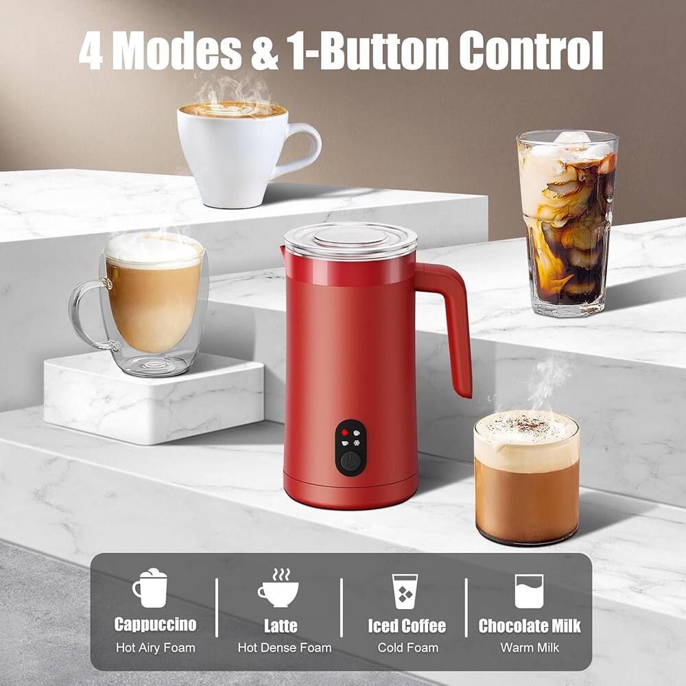4 Modes & 1-Button Control

- Cappuccino: Hot Airy Foam
- Latte: Hot Dense Foam
- Iced Coffee: Cold Foam
- Chocolate Milk: Warm Milk
