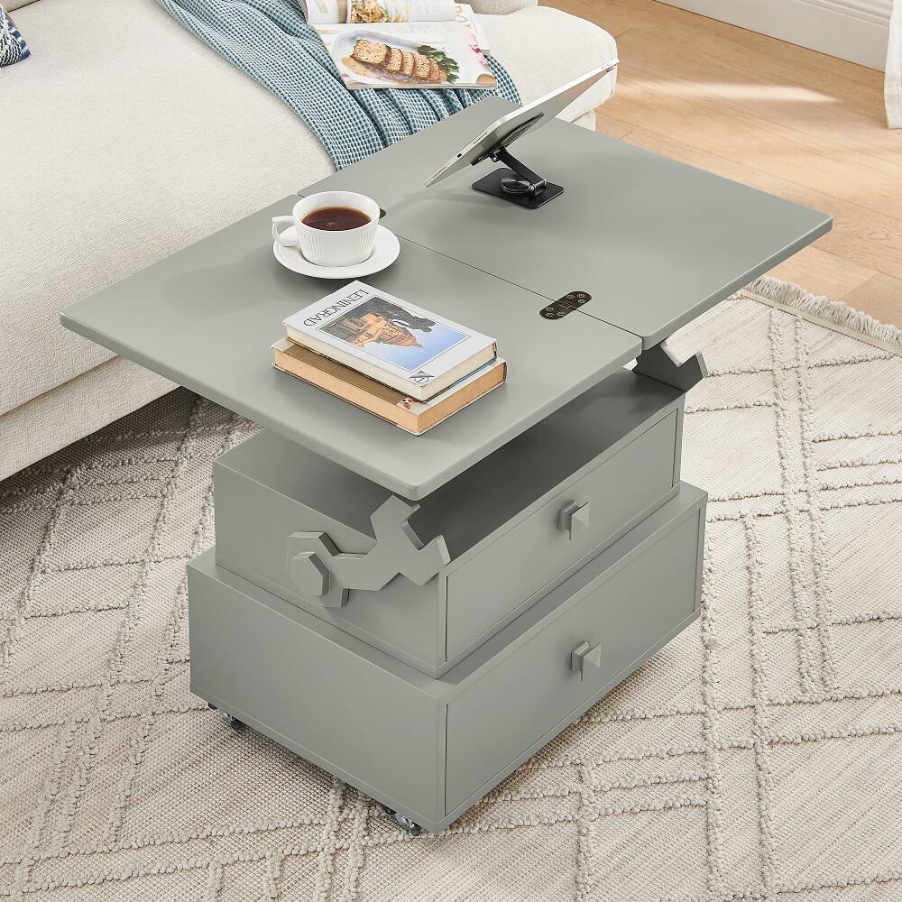 Front. Loheer - Loheer Adjustable Height Rolling End Table with Charging Station - Gray.