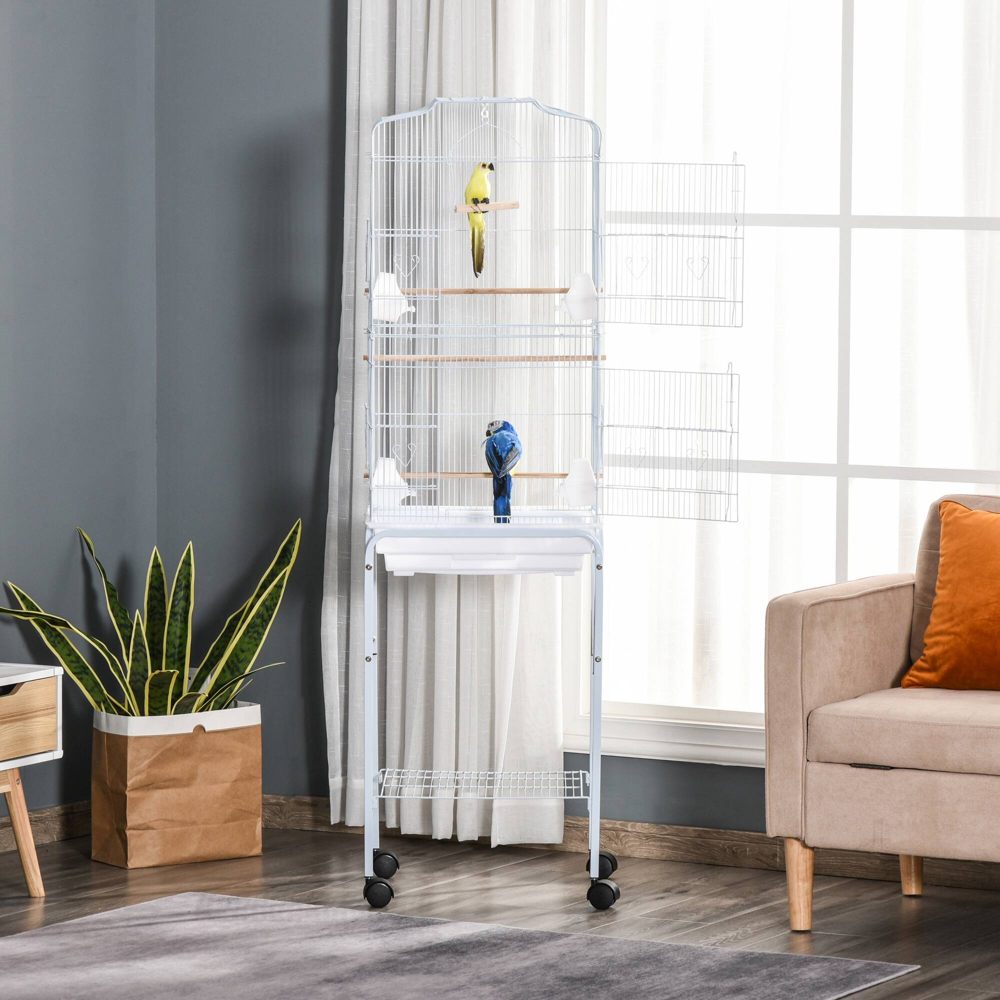 Alt View 4. Pawhut - 60" Metal Indoor Bird Cage Starter Kit with Detachable Rolling Stand, Storage Basket, and Accessories.