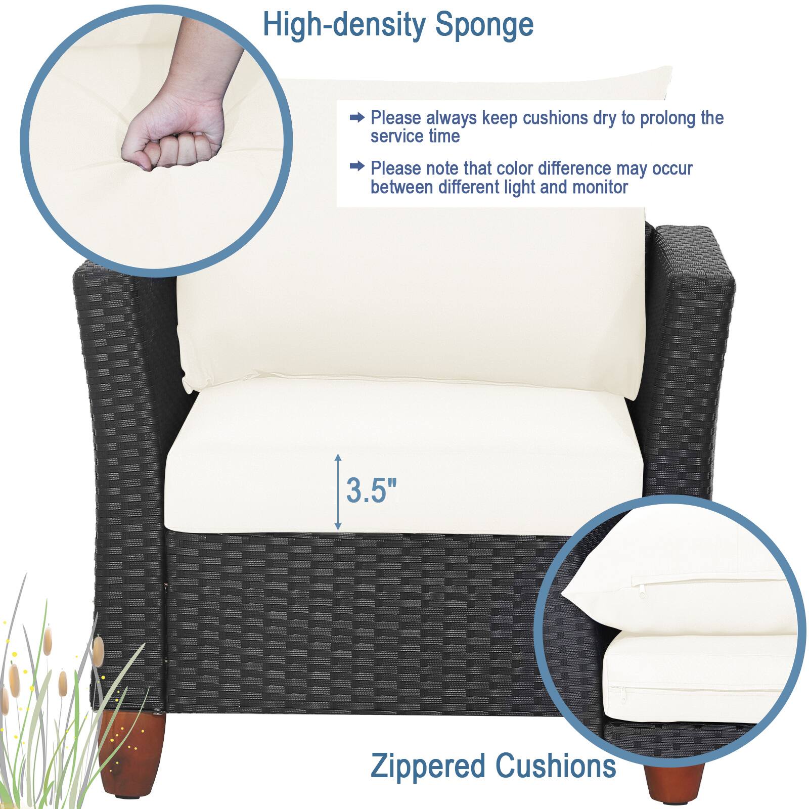 High-density Sponge
Please always keep cushions dry to prolong the service time
Please note that color difference may occur between different light and monitor
3.5"
Zippered Cushions